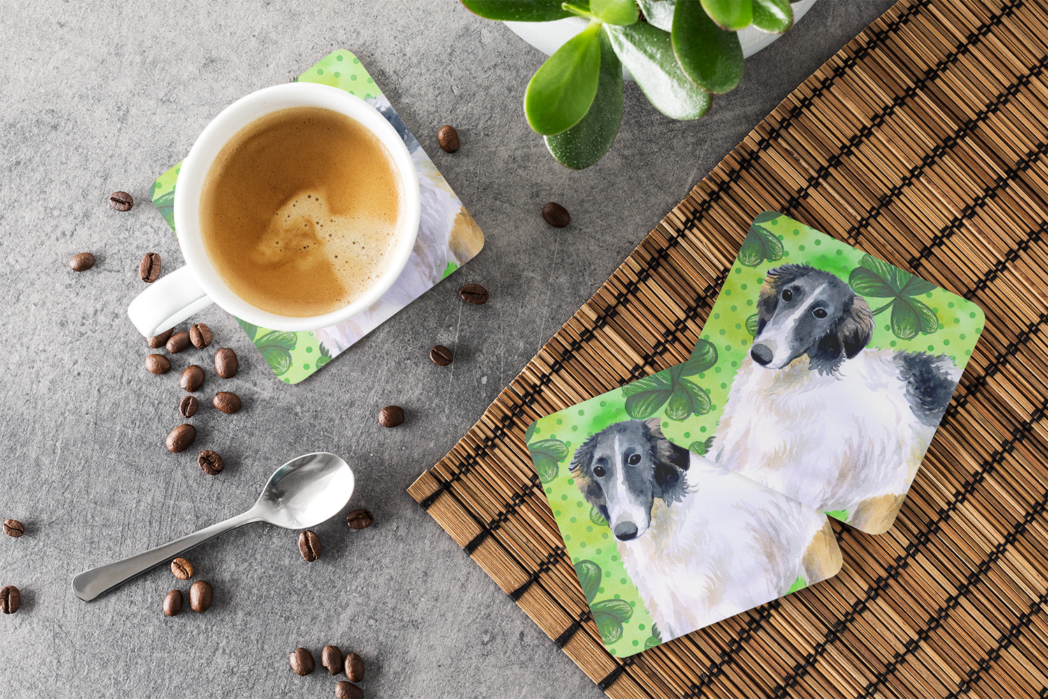 Borzoi St Patrick's Foam Coasters Set of 4 Cup Coasters for Indoor Outdoor, Tabletop Protection, Anti Slip, Mouse pad Material