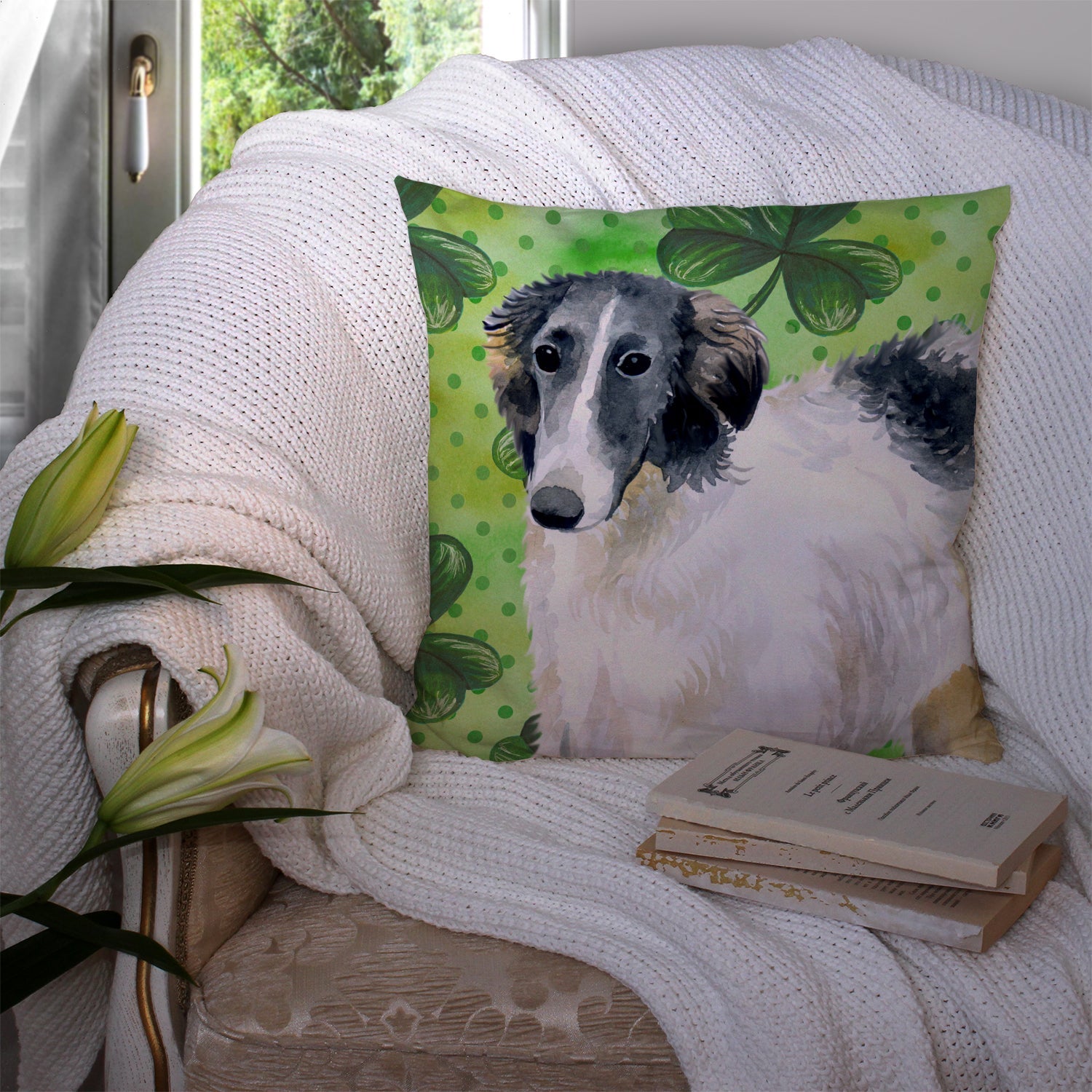 Borzoi St Patrick's Decorative Throw Pillow 14x14 Indoor Outdoor Accent Cushion, Fabric Cover with Insert for Sofa, Bed, Porch & Living Room