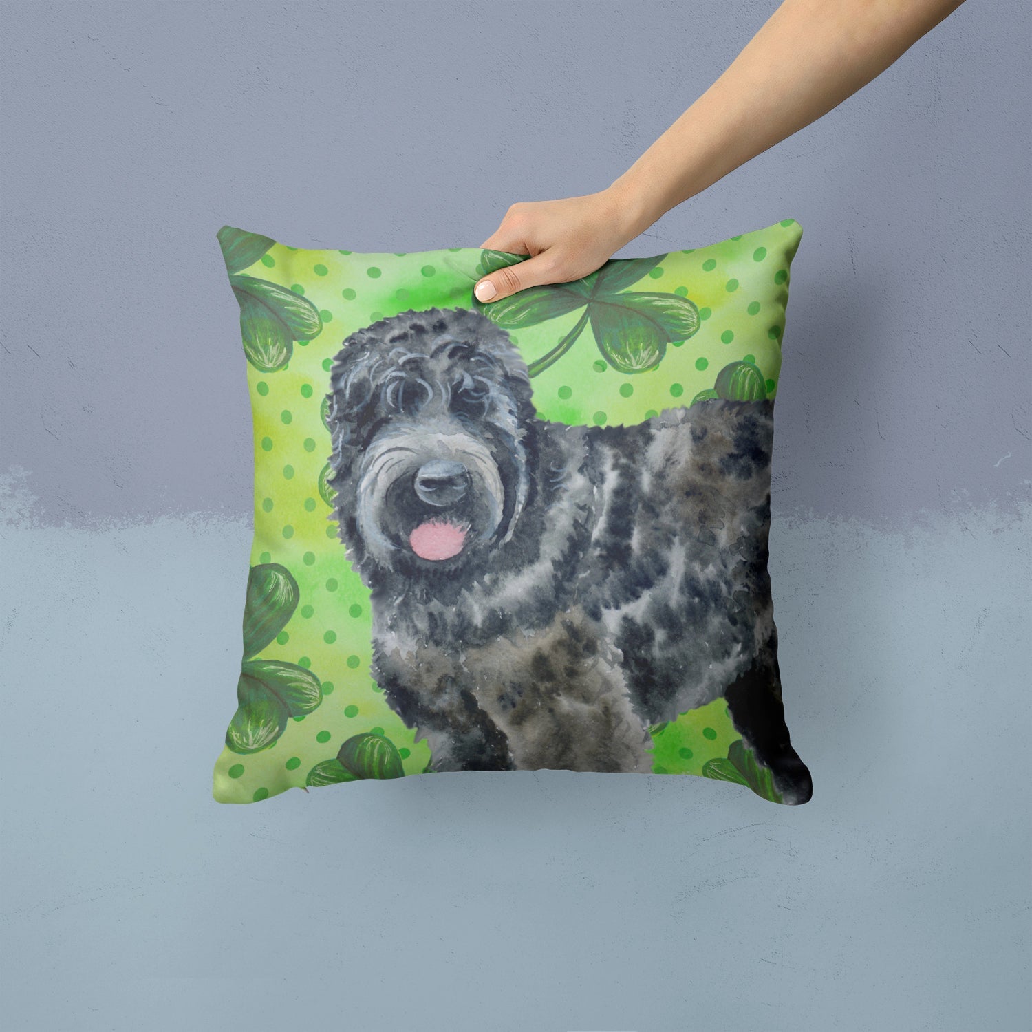 Black Russian Terrier St Patrick's Decorative Throw Pillow 14x14 Indoor Outdoor Accent Cushion, Fabric Cover with Insert for Sofa, Bed, Porch & Living Room