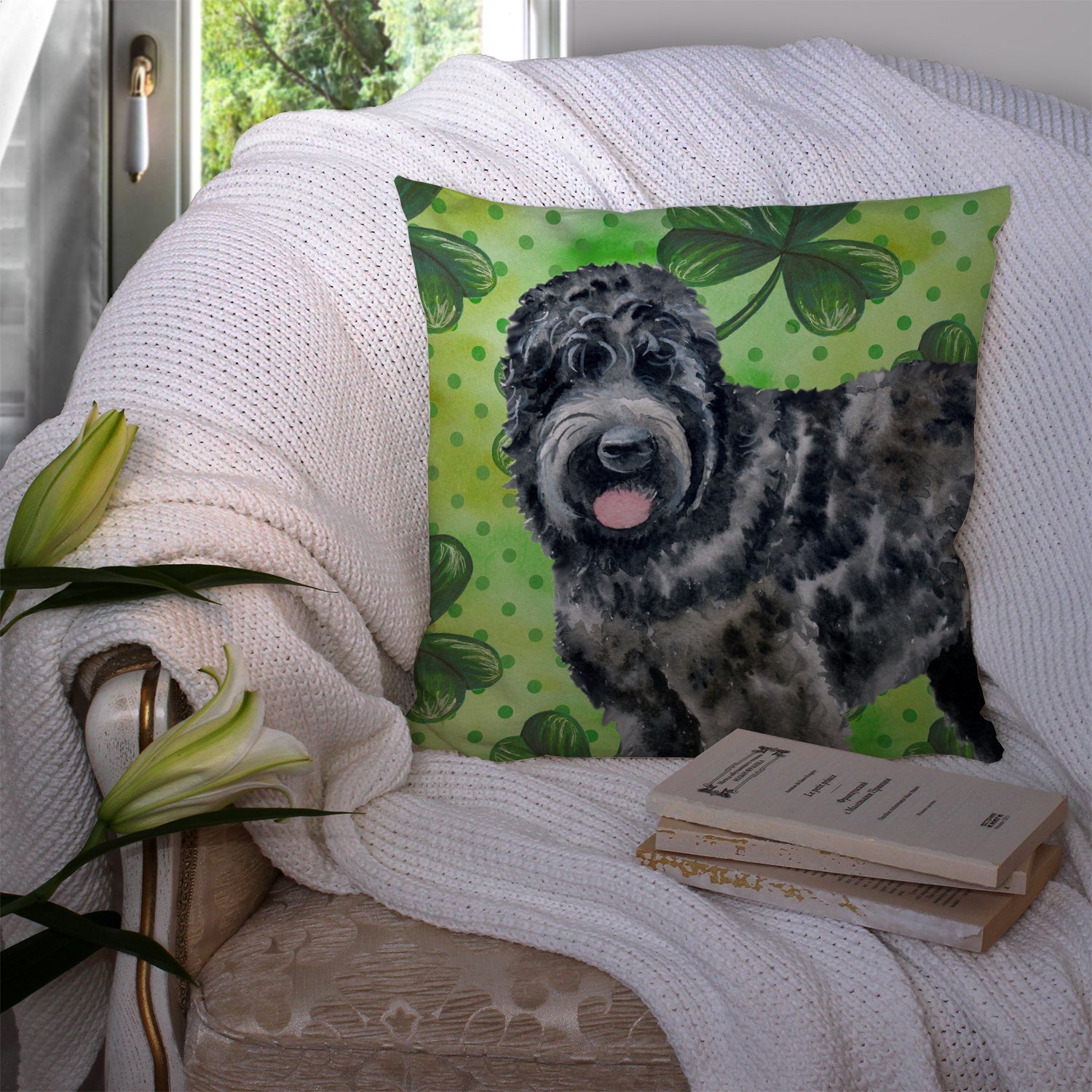 Black Russian Terrier St Patrick's Decorative Throw Pillow 14x14 Indoor Outdoor Accent Cushion, Fabric Cover with Insert for Sofa, Bed, Porch & Living Room
