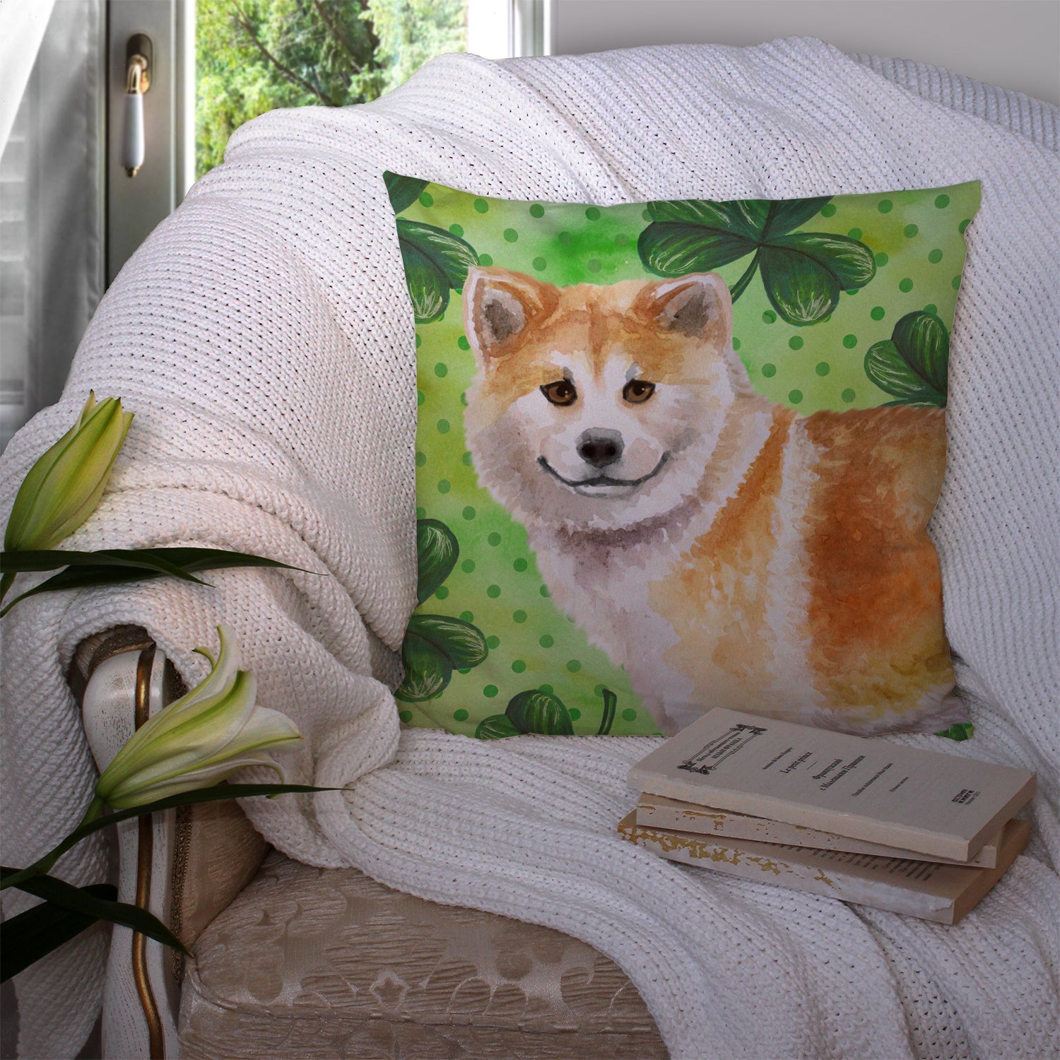 Shiba Inu St Patrick's Decorative Throw Pillow 14x14 Indoor Outdoor Accent Cushion, Fabric Cover with Insert for Sofa, Bed, Porch & Living Room
