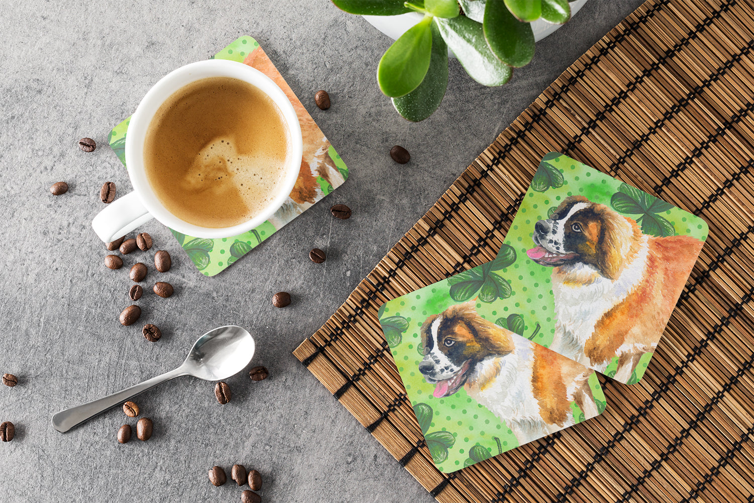 Saint Bernard St Patrick's Foam Coasters Set of 4 Cup Coasters for Indoor Outdoor, Tabletop Protection, Anti Slip, Mouse pad Material