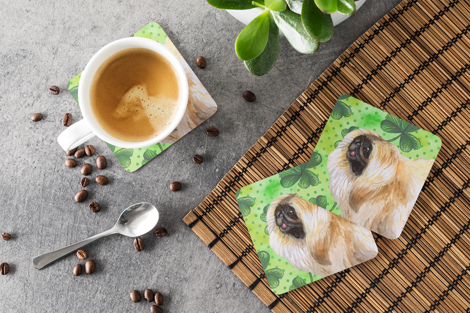Pekingese St Patrick's Foam Coasters Set of 4 Cup Coasters for Indoor Outdoor, Tabletop Protection, Anti Slip, Mouse pad Material