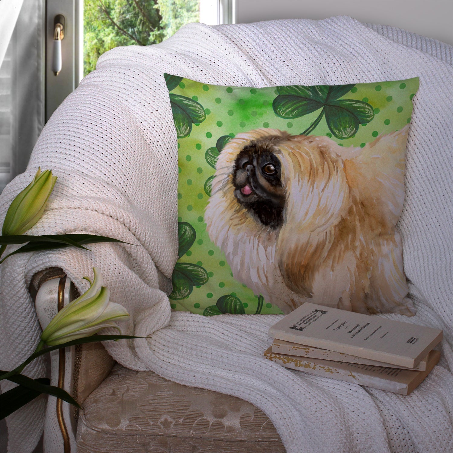 Pekingese St Patrick's Decorative Throw Pillow 14x14 Indoor Outdoor Accent Cushion, Fabric Cover with Insert for Sofa, Bed, Porch & Living Room
