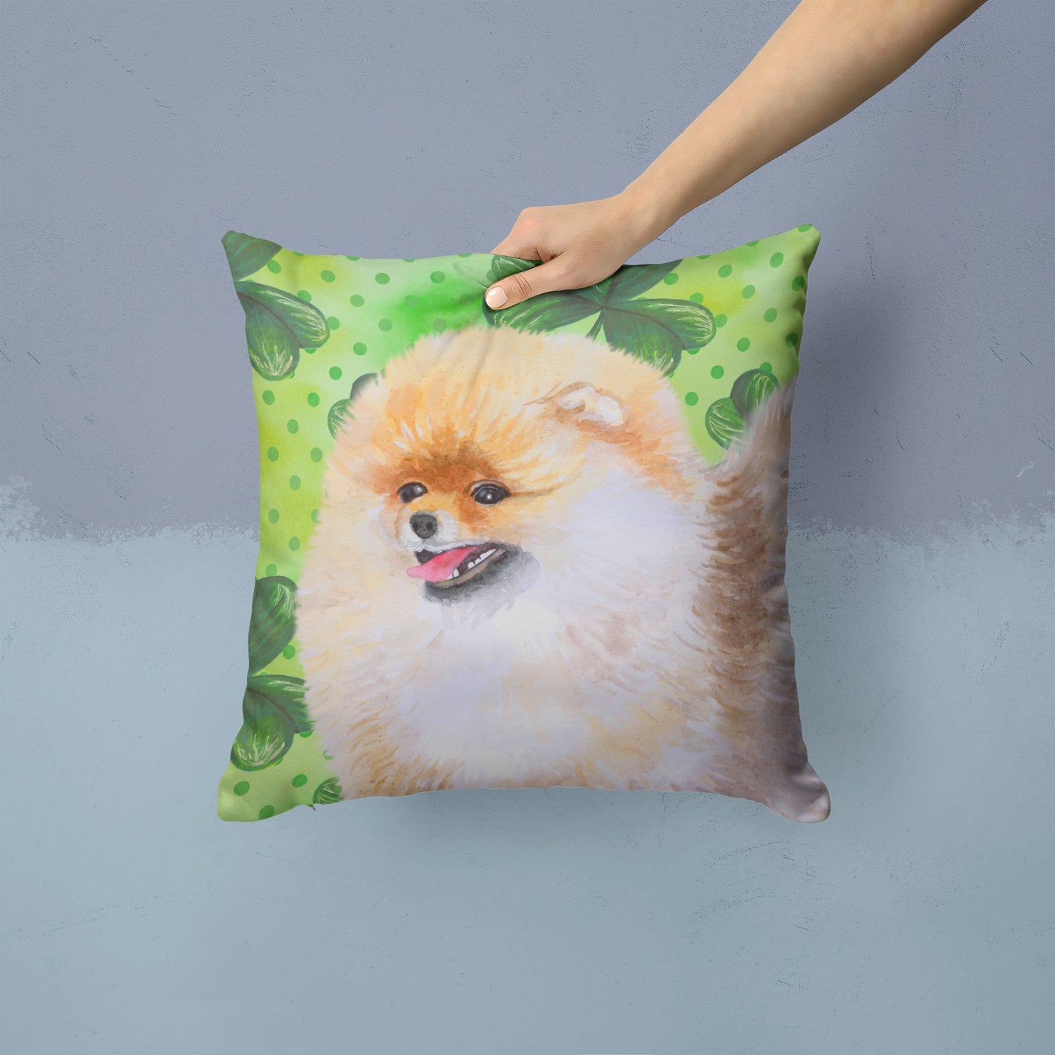 Pomeranian St Patrick's Decorative Throw Pillow 14x14 Indoor Outdoor Accent Cushion, Fabric Cover with Insert for Sofa, Bed, Porch & Living Room