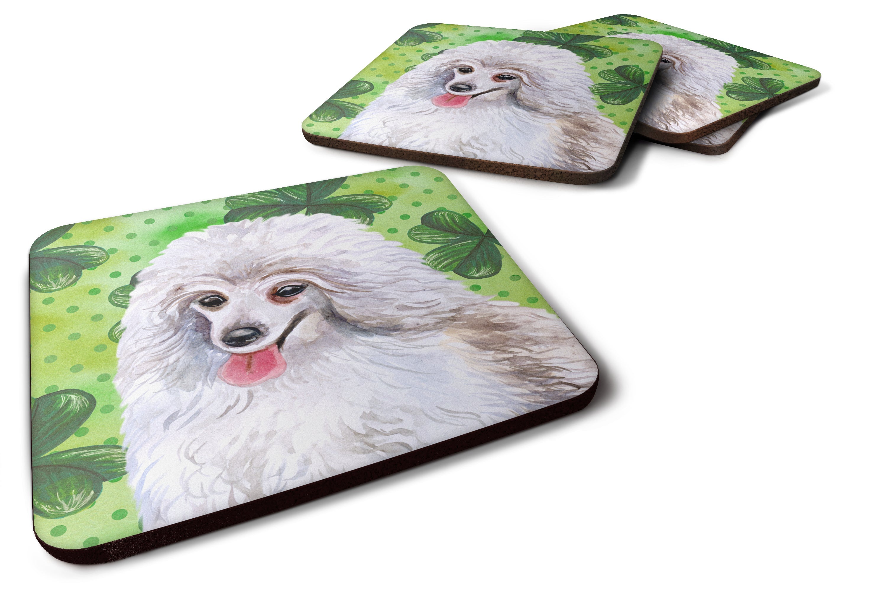 Medium White Poodle St Patrick's Foam Coasters Set of 4 Cup Coasters for Indoor Outdoor, Tabletop Protection, Anti Slip, Mouse pad Material