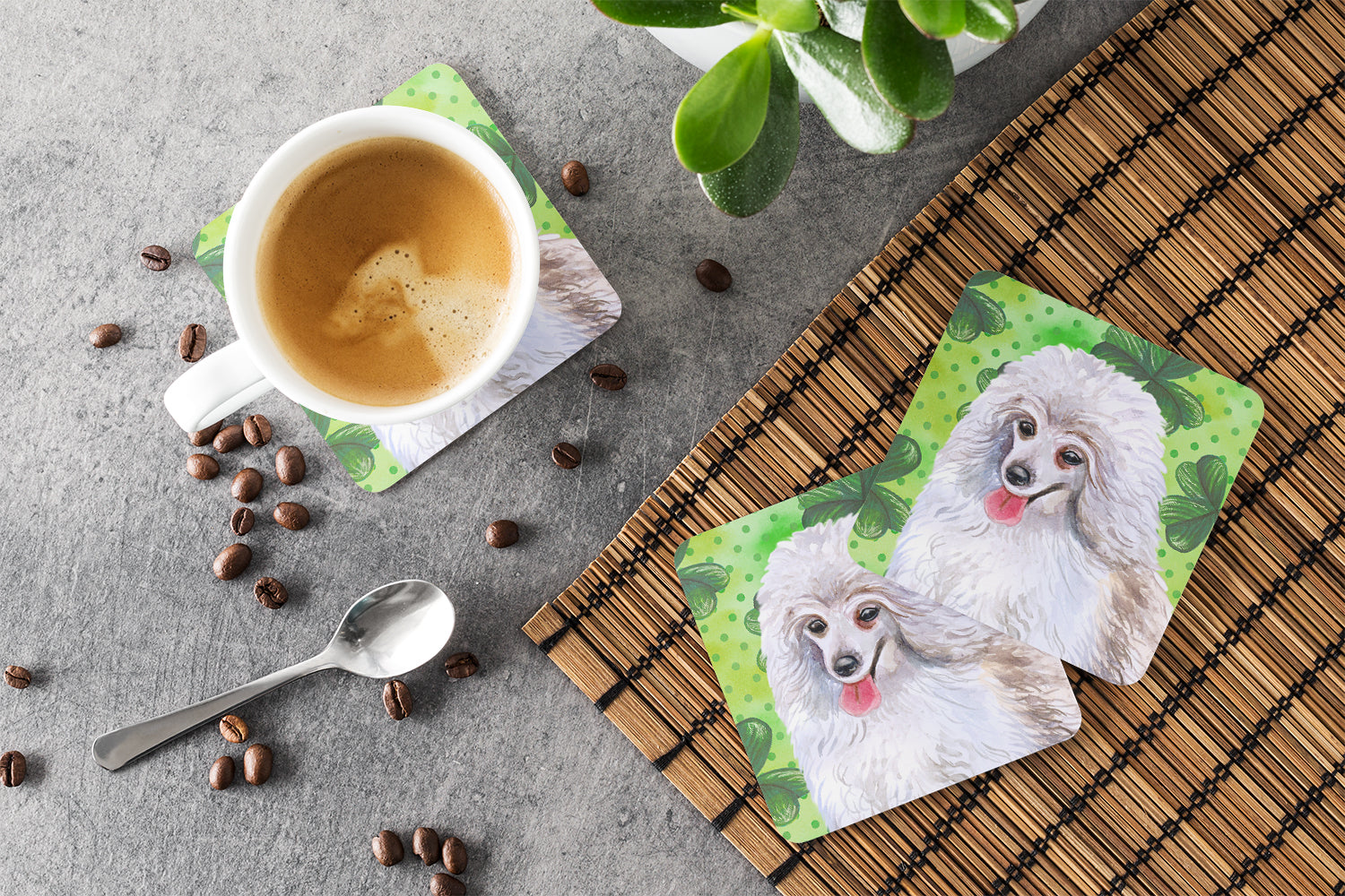 Medium White Poodle St Patrick's Foam Coasters Set of 4 Cup Coasters for Indoor Outdoor, Tabletop Protection, Anti Slip, Mouse pad Material
