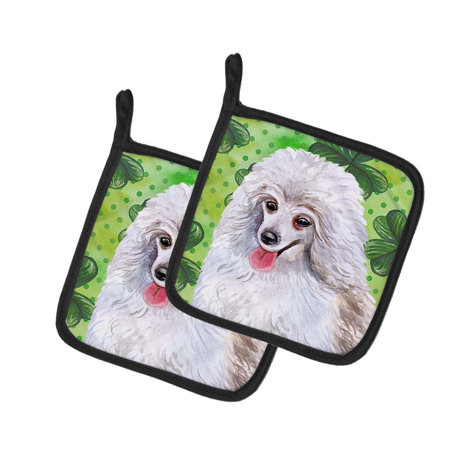Medium White Poodle St Patrick's Pot Holder Set of 2 Heat Resistant Quilted Hot Pads 7.5 x 7.5 Inch, Insulated Kitchen Trivets for Cooking & Baking