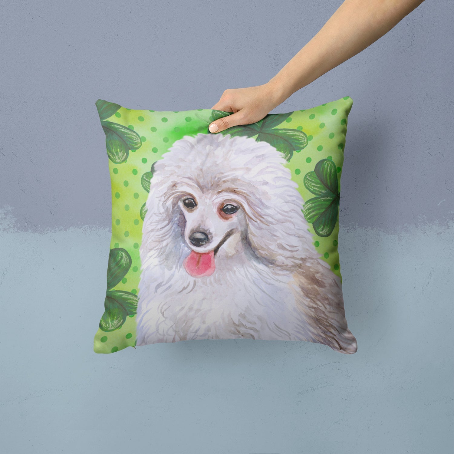 Medium White Poodle St Patrick's Decorative Throw Pillow 14x14 Indoor Outdoor Accent Cushion, Fabric Cover with Insert for Sofa, Bed, Porch & Living Room