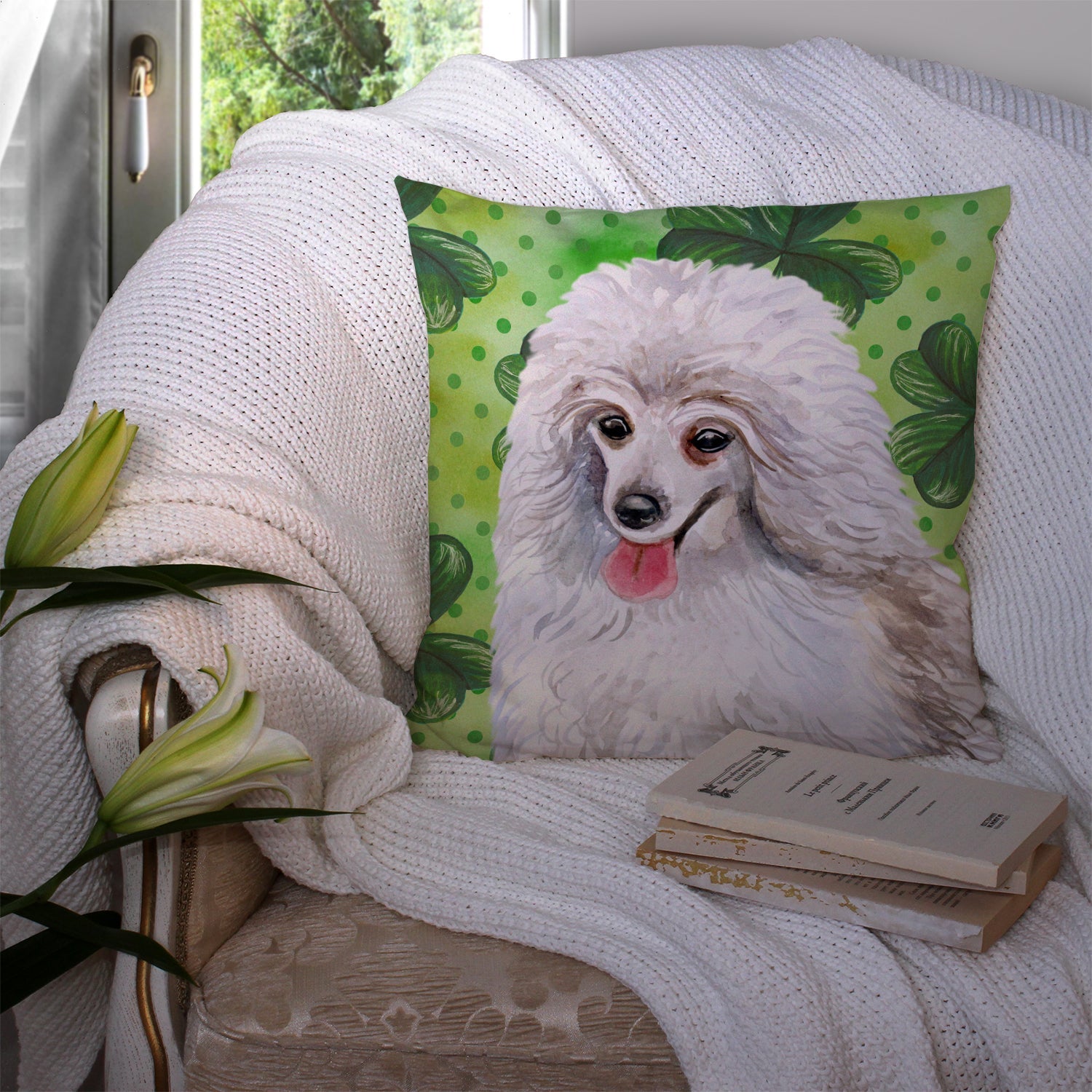 Medium White Poodle St Patrick's Decorative Throw Pillow 14x14 Indoor Outdoor Accent Cushion, Fabric Cover with Insert for Sofa, Bed, Porch & Living Room