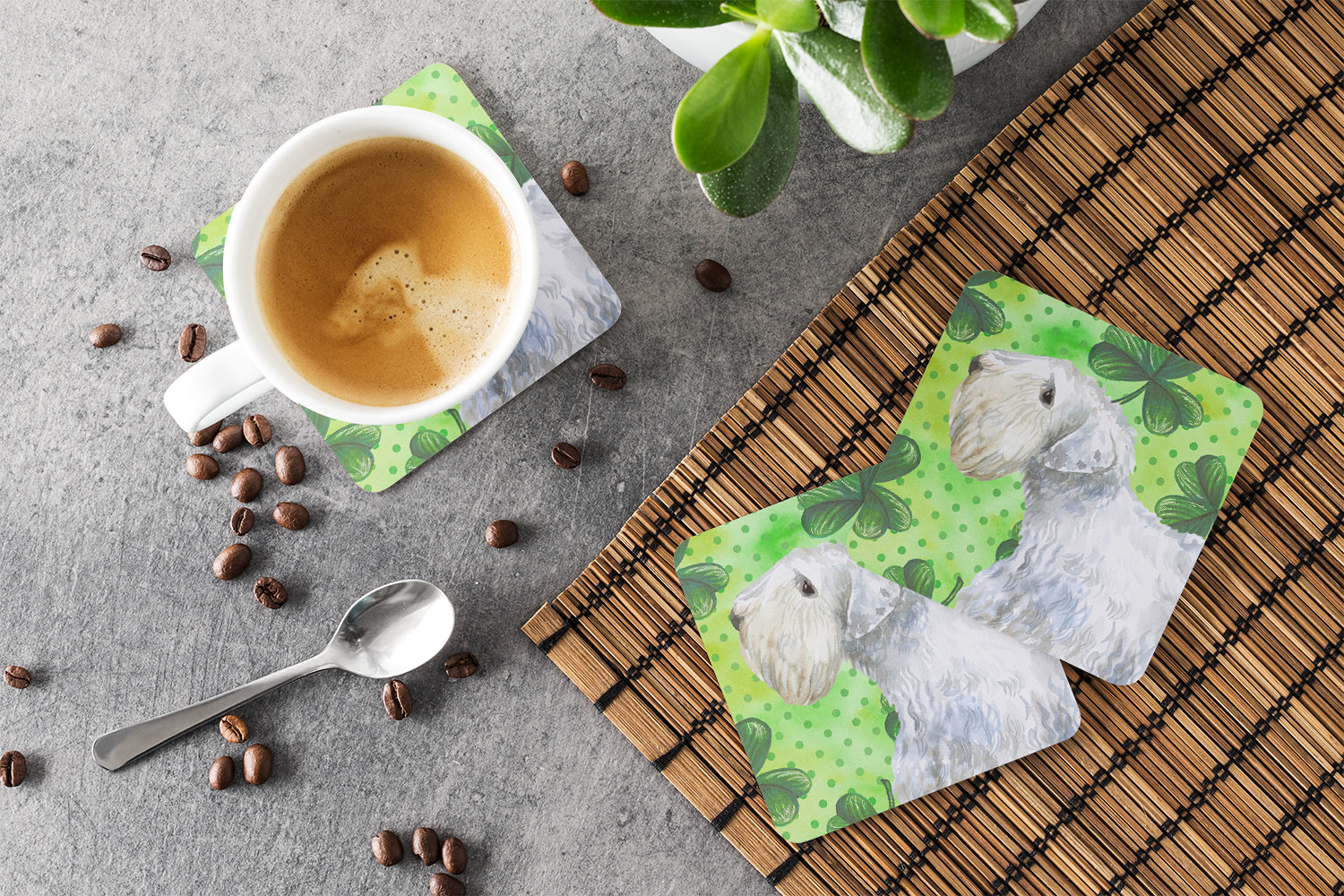 Sealyham Terrier St Patrick's Foam Coasters Set of 4 Cup Coasters for Indoor Outdoor, Tabletop Protection, Anti Slip, Mouse pad Material