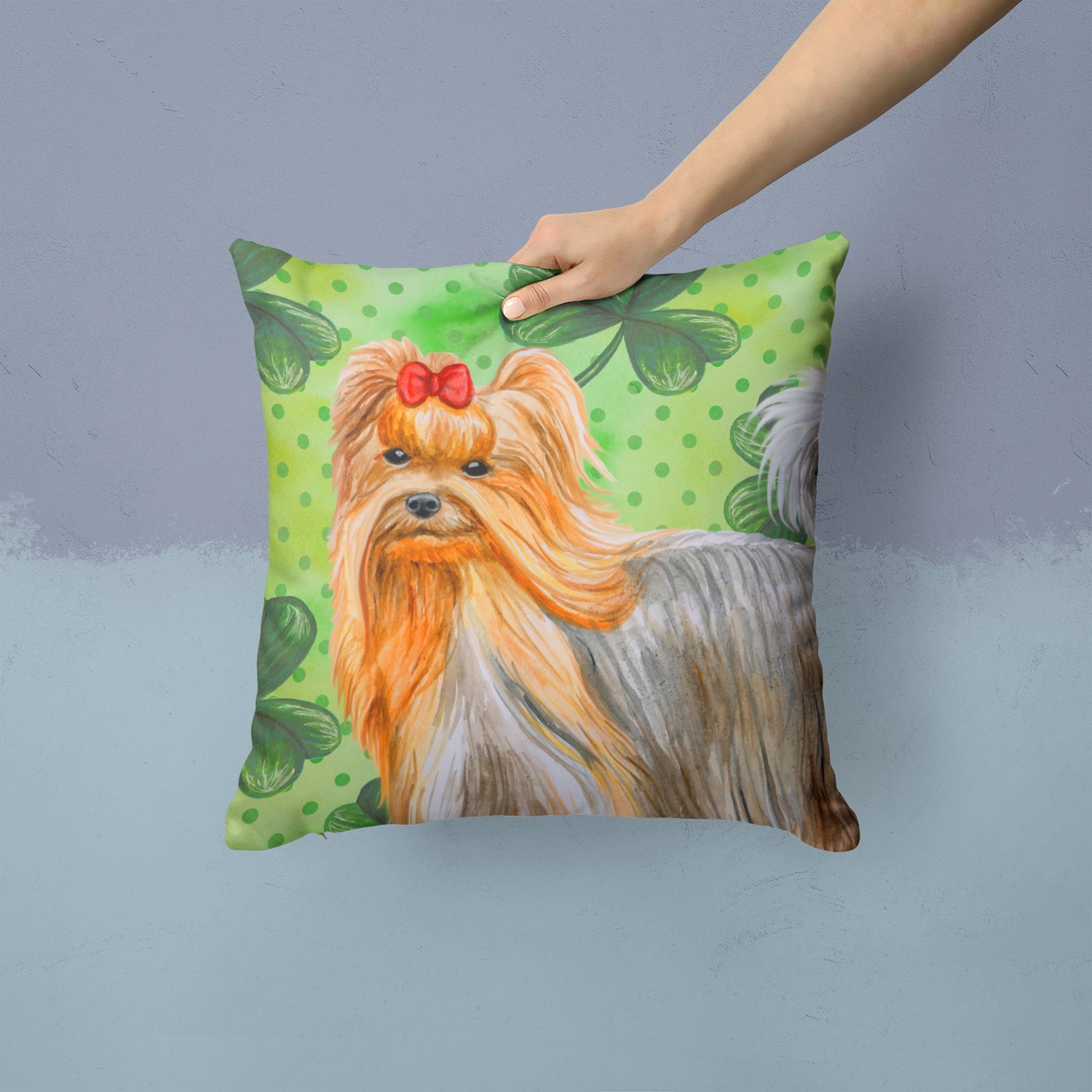 Yorkshire Terrier St Patrick's Decorative Throw Pillow 14x14 Indoor Outdoor Accent Cushion, Fabric Cover with Insert for Sofa, Bed, Porch & Living Room