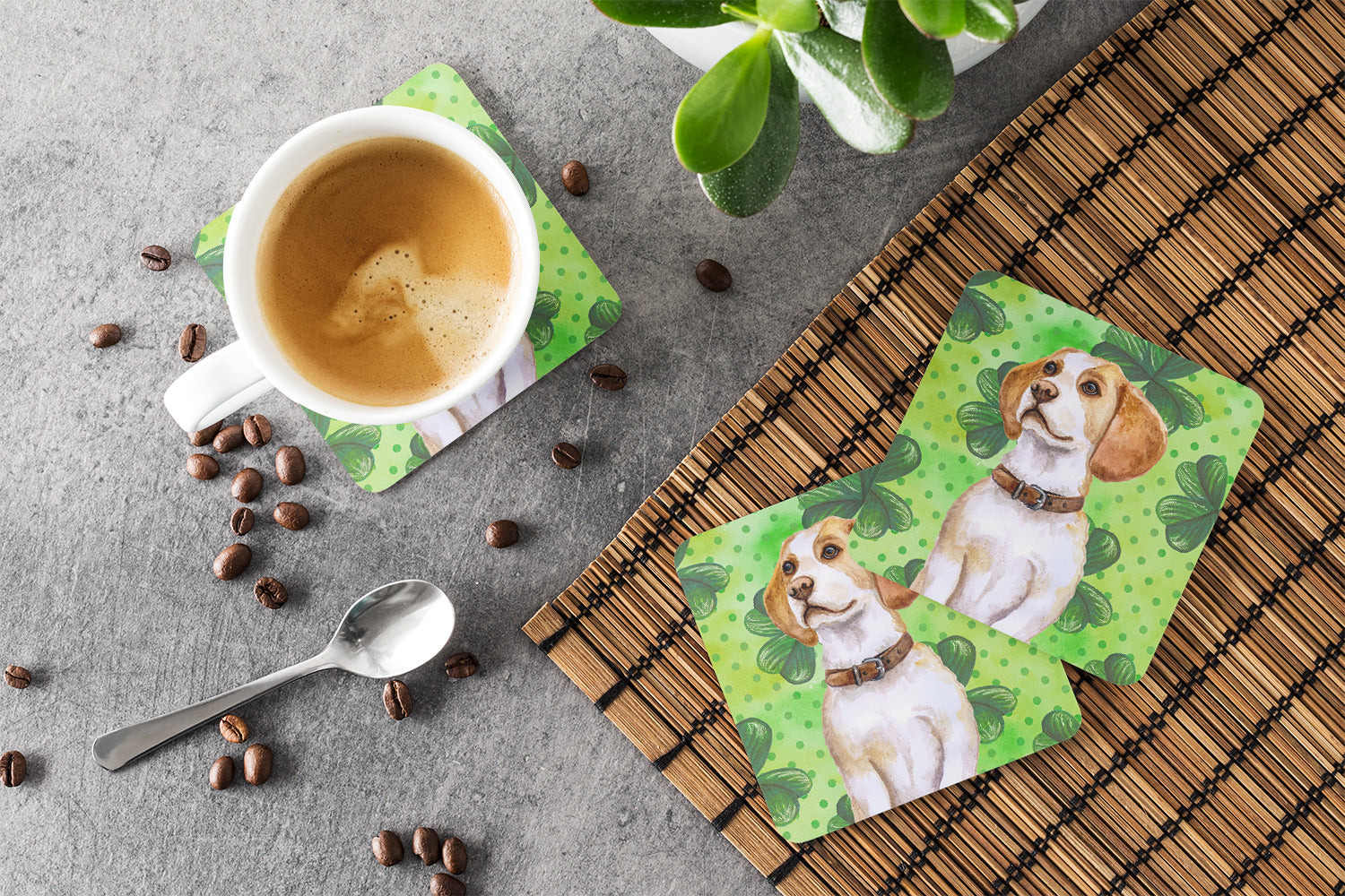 Beagle St Patrick's Foam Coasters Set of 4 Cup Coasters for Indoor Outdoor, Tabletop Protection, Anti Slip, Mouse pad Material