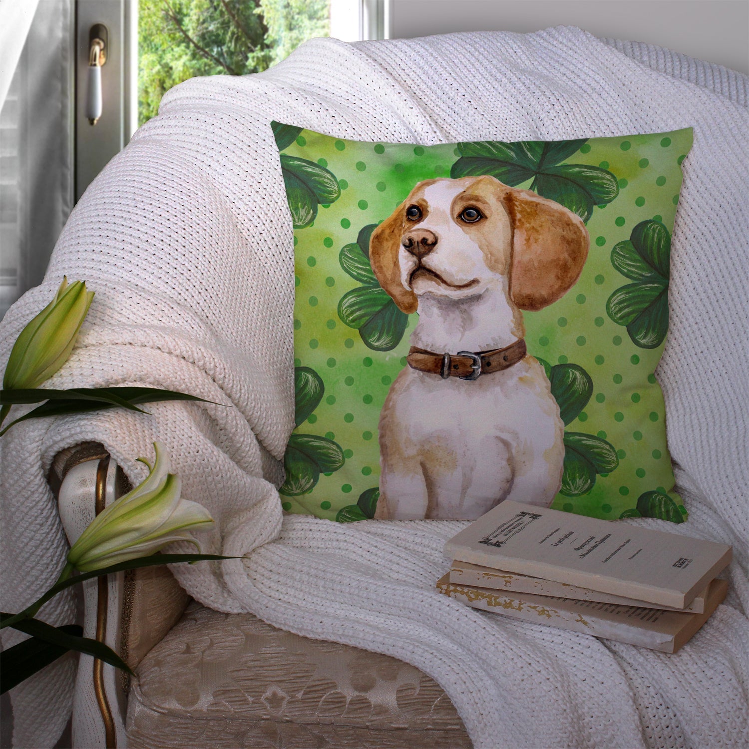 Beagle St Patrick's Decorative Throw Pillow 14x14 Indoor Outdoor Accent Cushion, Fabric Cover with Insert for Sofa, Bed, Porch & Living Room
