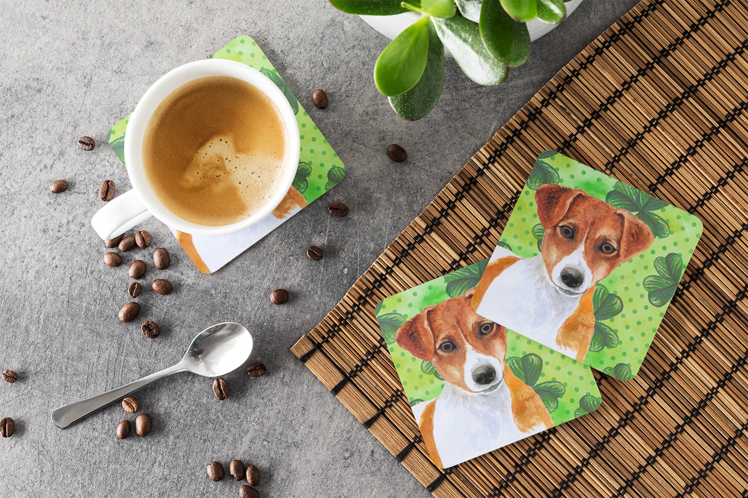 Jack Russell Terrier St Patrick's Foam Coasters Set of 4 Cup Coasters for Indoor Outdoor, Tabletop Protection, Anti Slip, Mouse pad Material