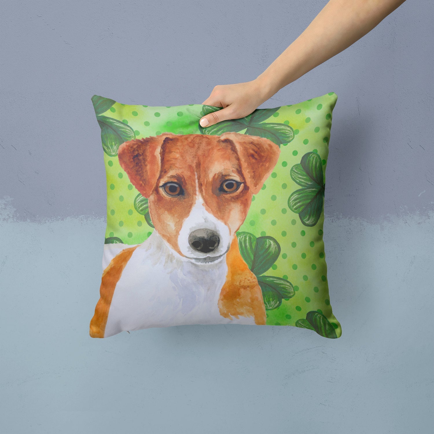 Jack Russell Terrier St Patrick's Decorative Throw Pillow 14x14 Indoor Outdoor Accent Cushion, Fabric Cover with Insert for Sofa, Bed, Porch & Living Room