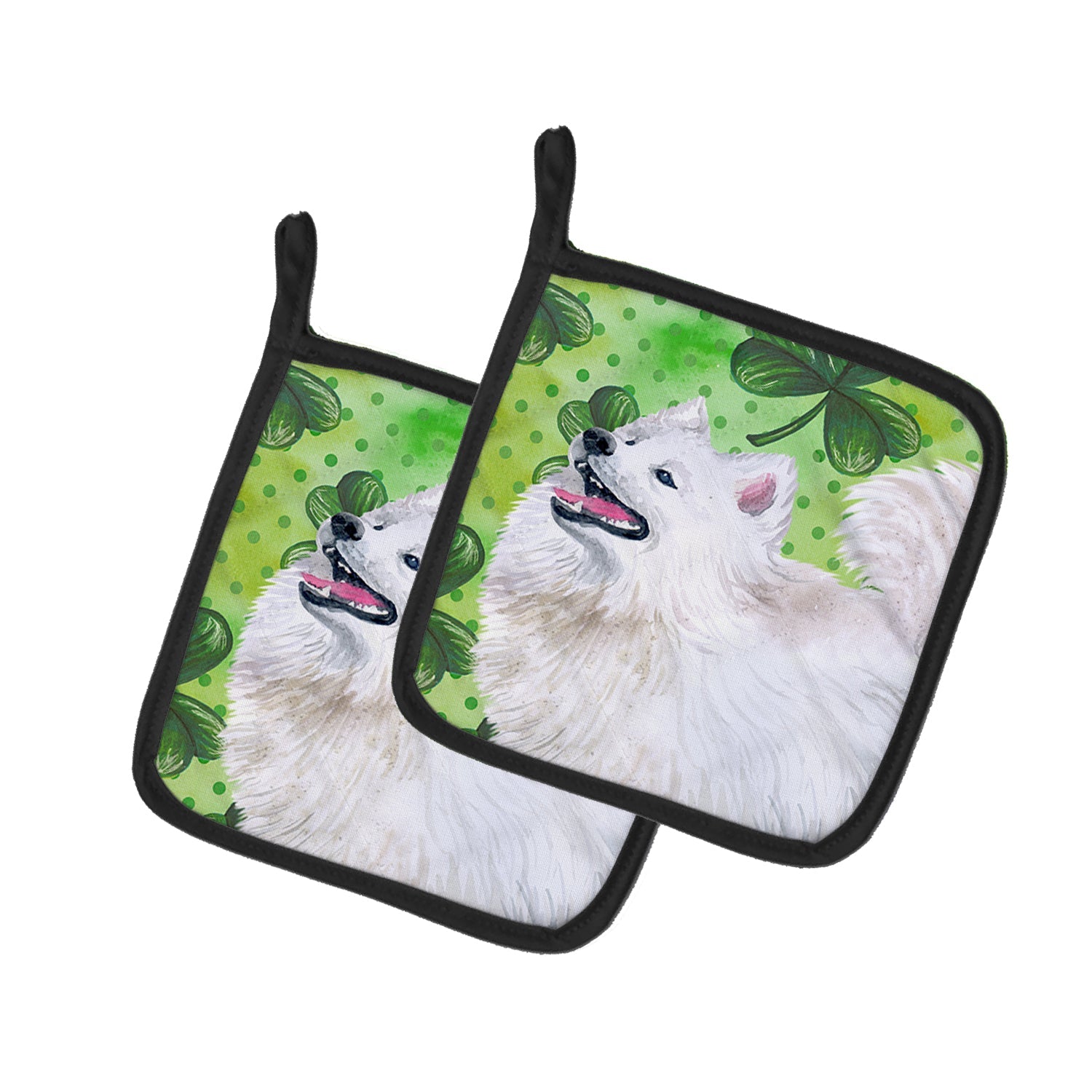 Samoyed St Patrick's Pot Holder Set of 2 Heat Resistant Quilted Hot Pads 7.5 x 7.5 Inch, Insulated Kitchen Trivets for Cooking & Baking