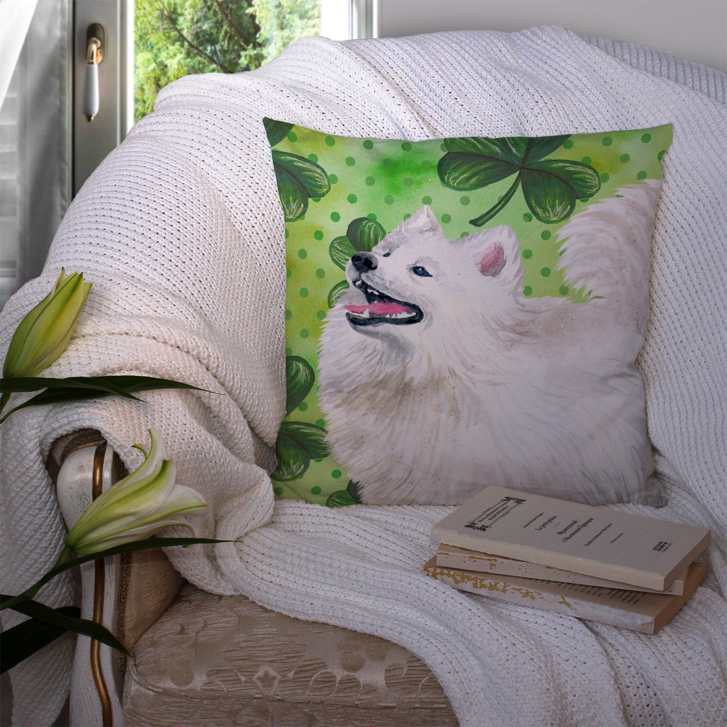 Samoyed St Patrick's Decorative Throw Pillow 14x14 Indoor Outdoor Accent Cushion, Fabric Cover with Insert for Sofa, Bed, Porch & Living Room