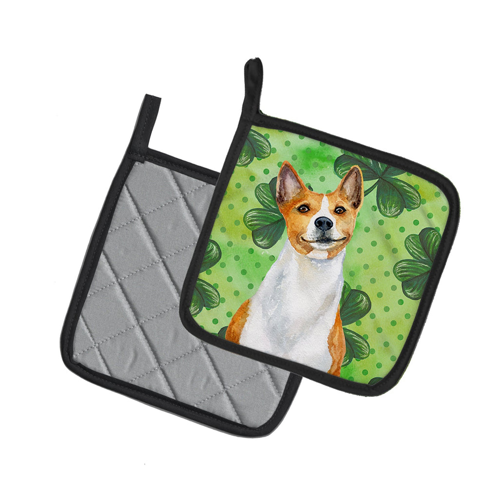 Basenji St Patrick's Pot Holder Set of 2 Heat Resistant Quilted Hot Pads 7.5 x 7.5 Inch, Insulated Kitchen Trivets for Cooking & Baking