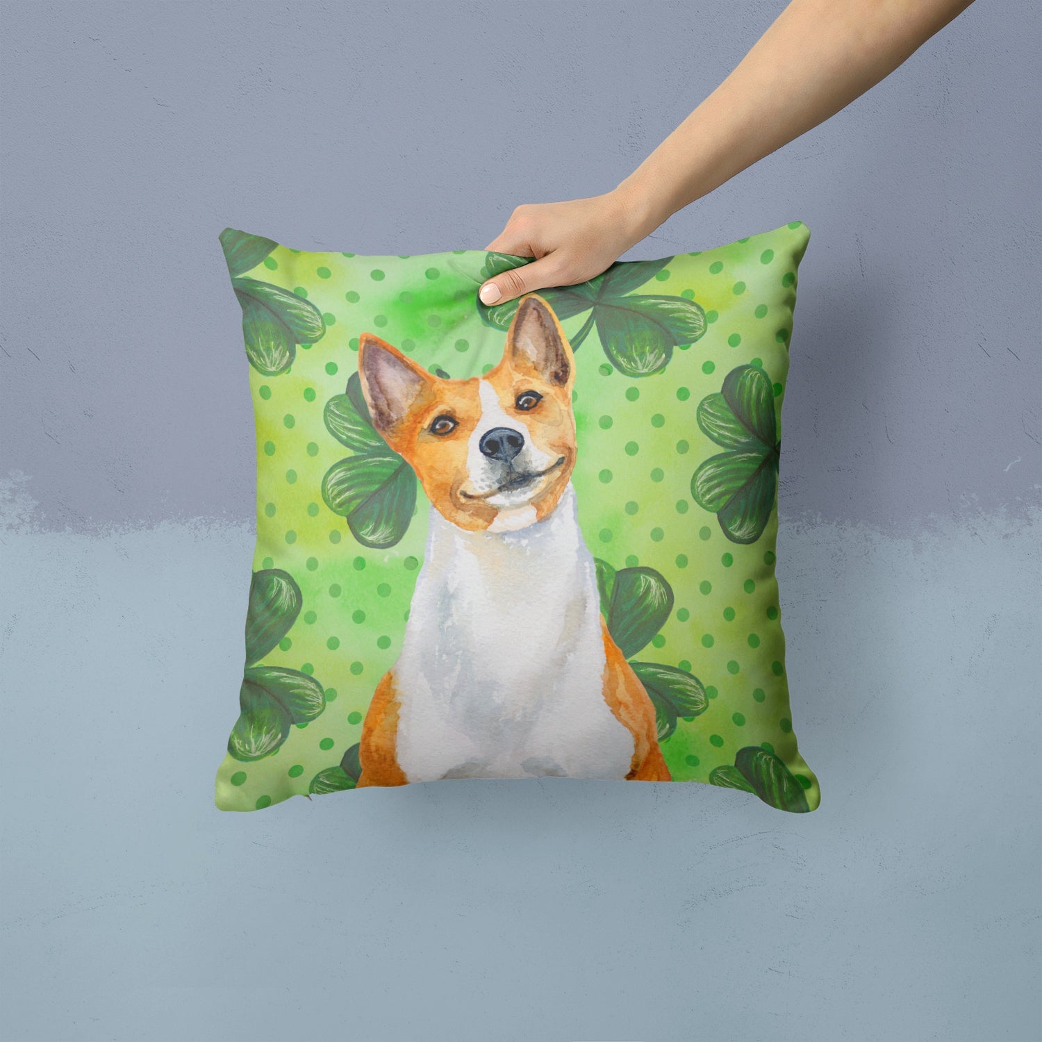 Basenji St Patrick's Decorative Throw Pillow 14x14 Indoor Outdoor Accent Cushion, Fabric Cover with Insert for Sofa, Bed, Porch & Living Room