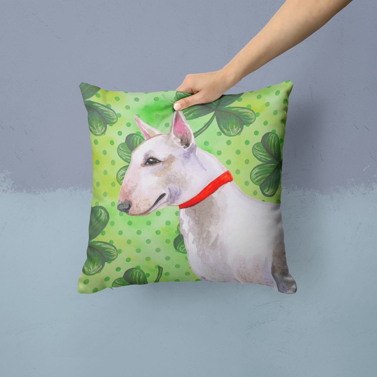 Bull Terrier St Patrick's Decorative Throw Pillow 14x14 Indoor Outdoor Accent Cushion, Fabric Cover with Insert for Sofa, Bed, Porch & Living Room