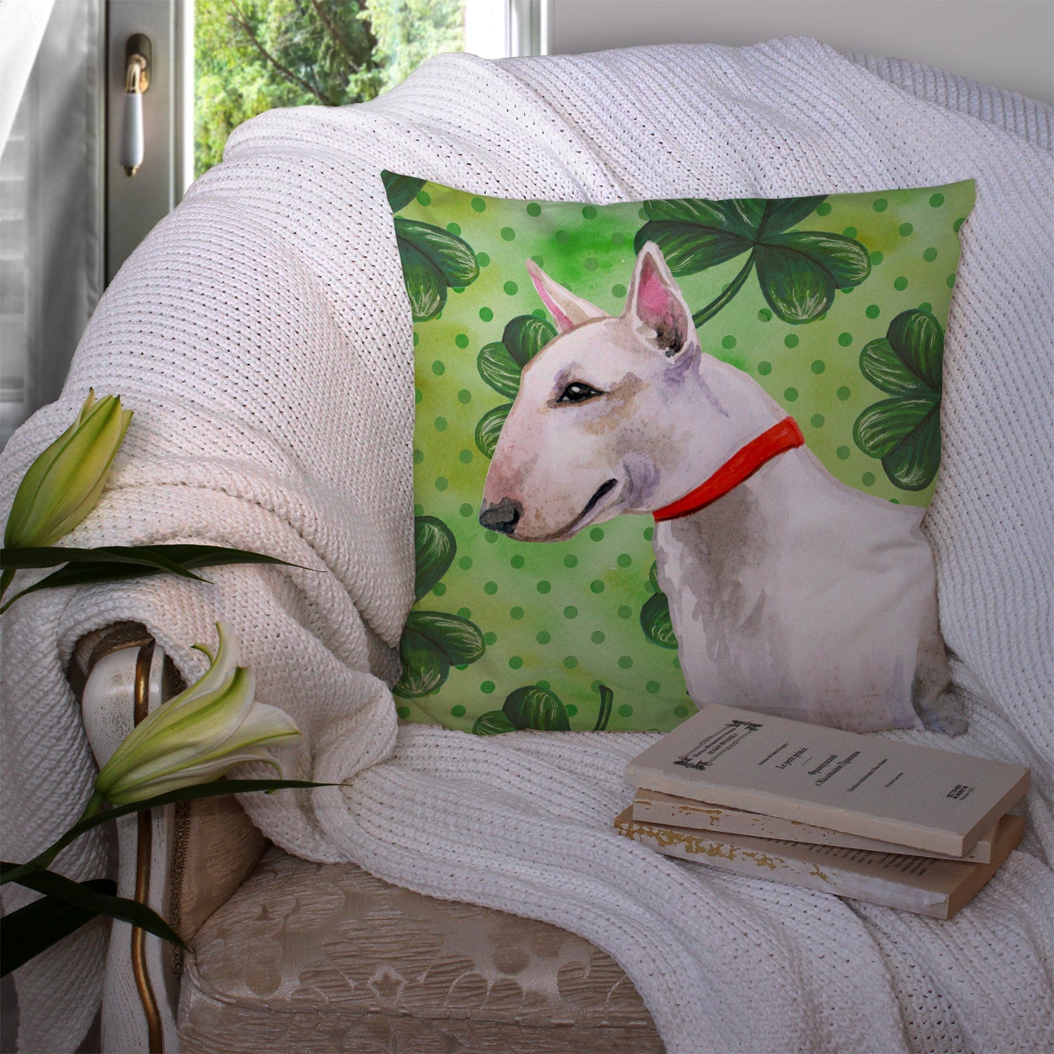 Bull Terrier St Patrick's Decorative Throw Pillow 14x14 Indoor Outdoor Accent Cushion, Fabric Cover with Insert for Sofa, Bed, Porch & Living Room