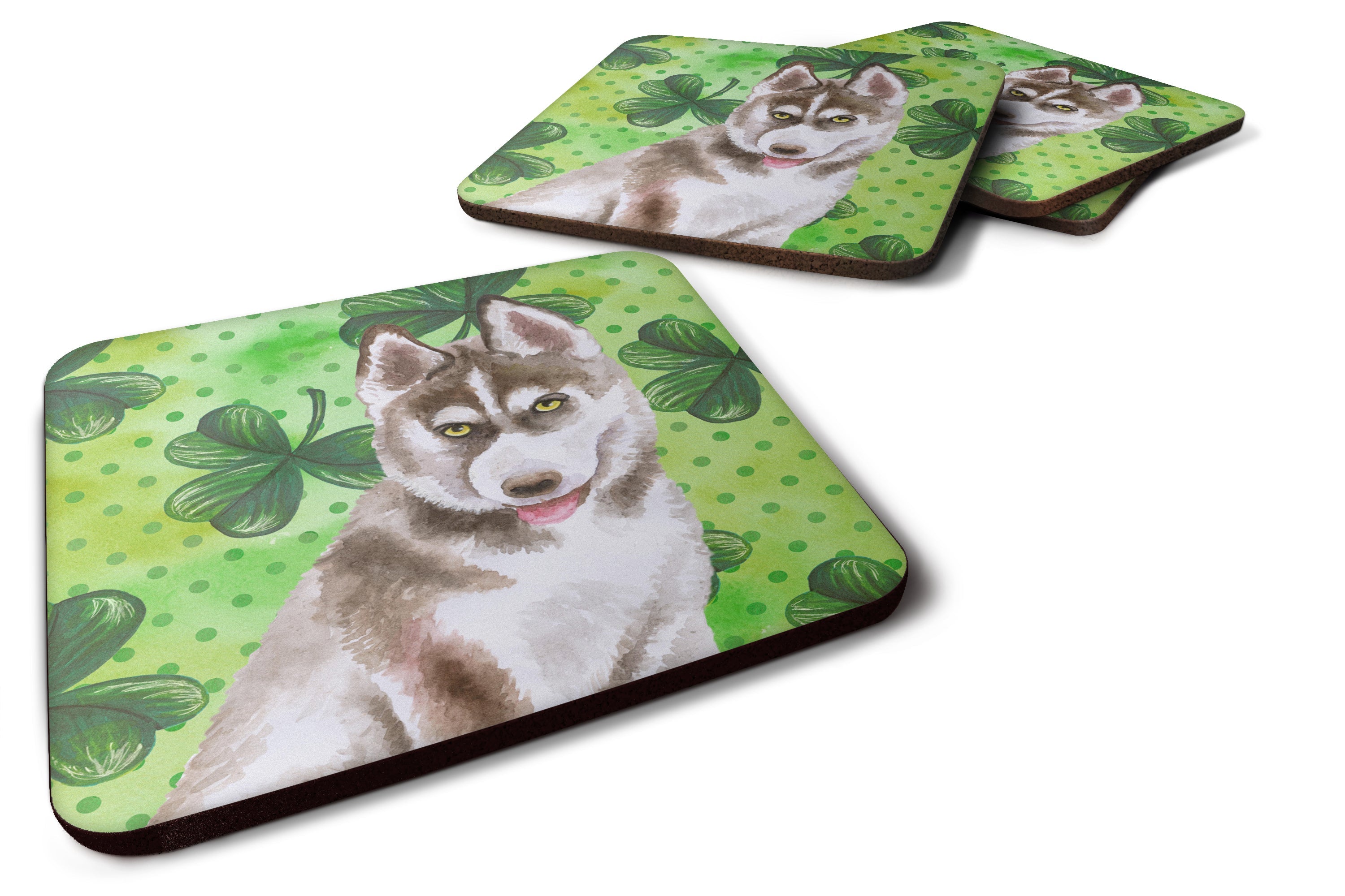 Siberian Husky Grey St Patrick's Foam Coasters Set of 4 Cup Coasters for Indoor Outdoor, Tabletop Protection, Anti Slip, Mouse pad Material