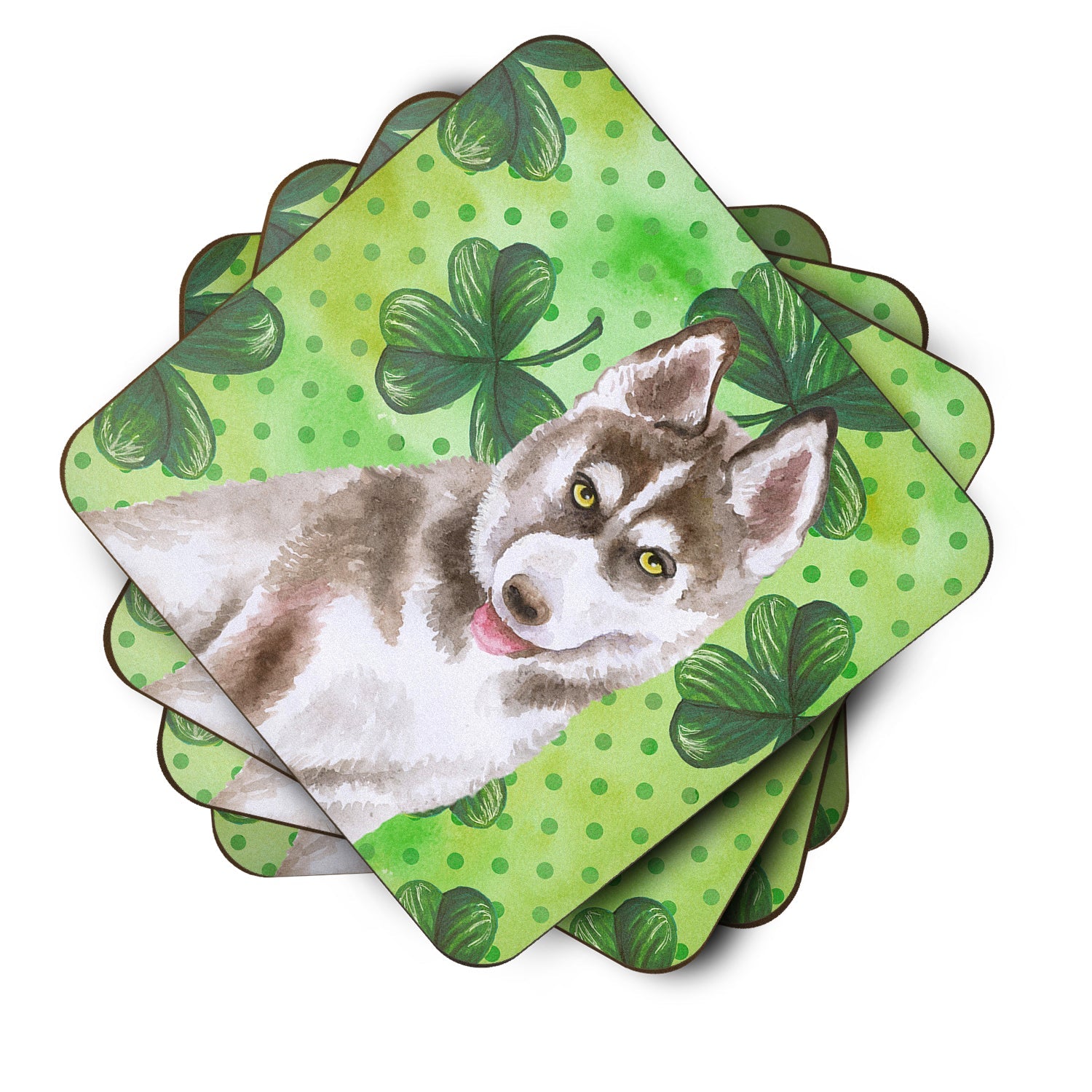 Siberian Husky Grey St Patrick's Foam Coasters Set of 4 Cup Coasters for Indoor Outdoor, Tabletop Protection, Anti Slip, Mouse pad Material