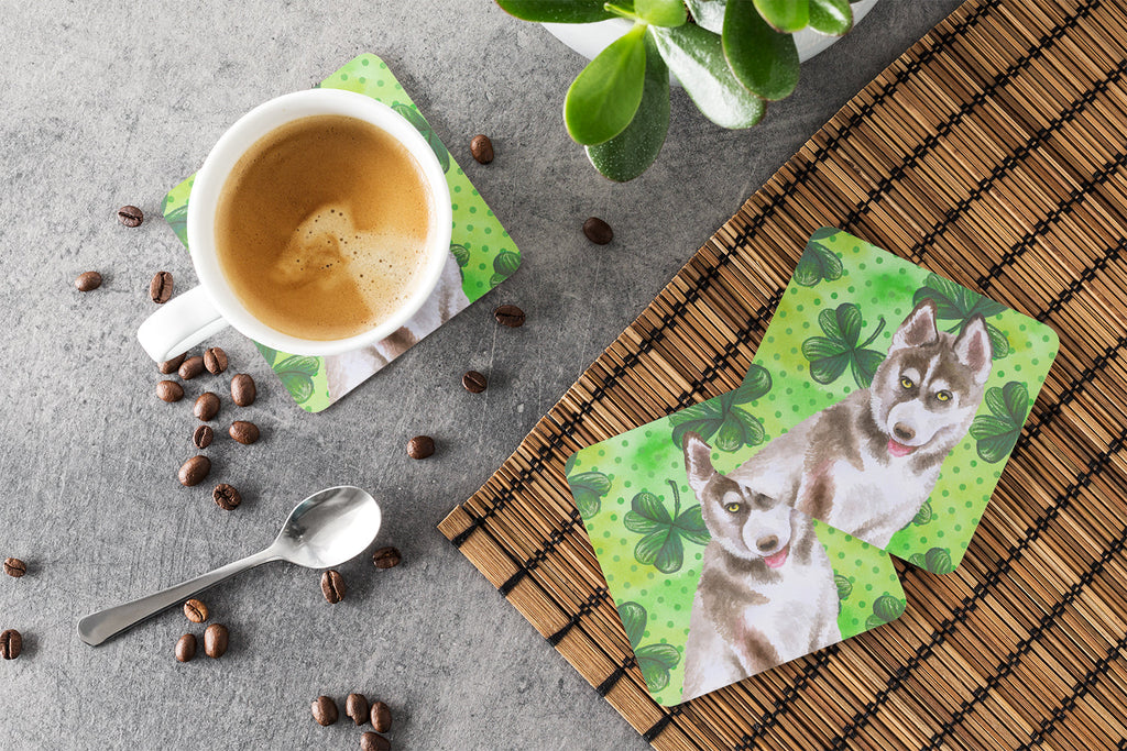 Siberian Husky Grey St Patrick's Foam Coasters Set of 4 Cup Coasters for Indoor Outdoor, Tabletop Protection, Anti Slip, Mouse pad Material