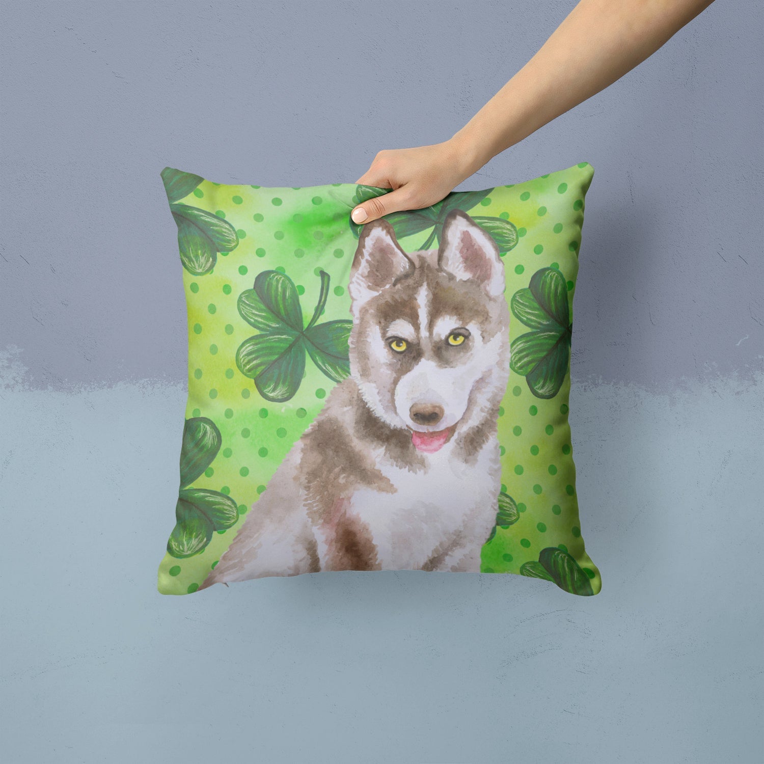 Siberian Husky Grey St Patrick's Decorative Throw Pillow 14x14 Indoor Outdoor Accent Cushion, Fabric Cover with Insert for Sofa, Bed, Porch & Living Room