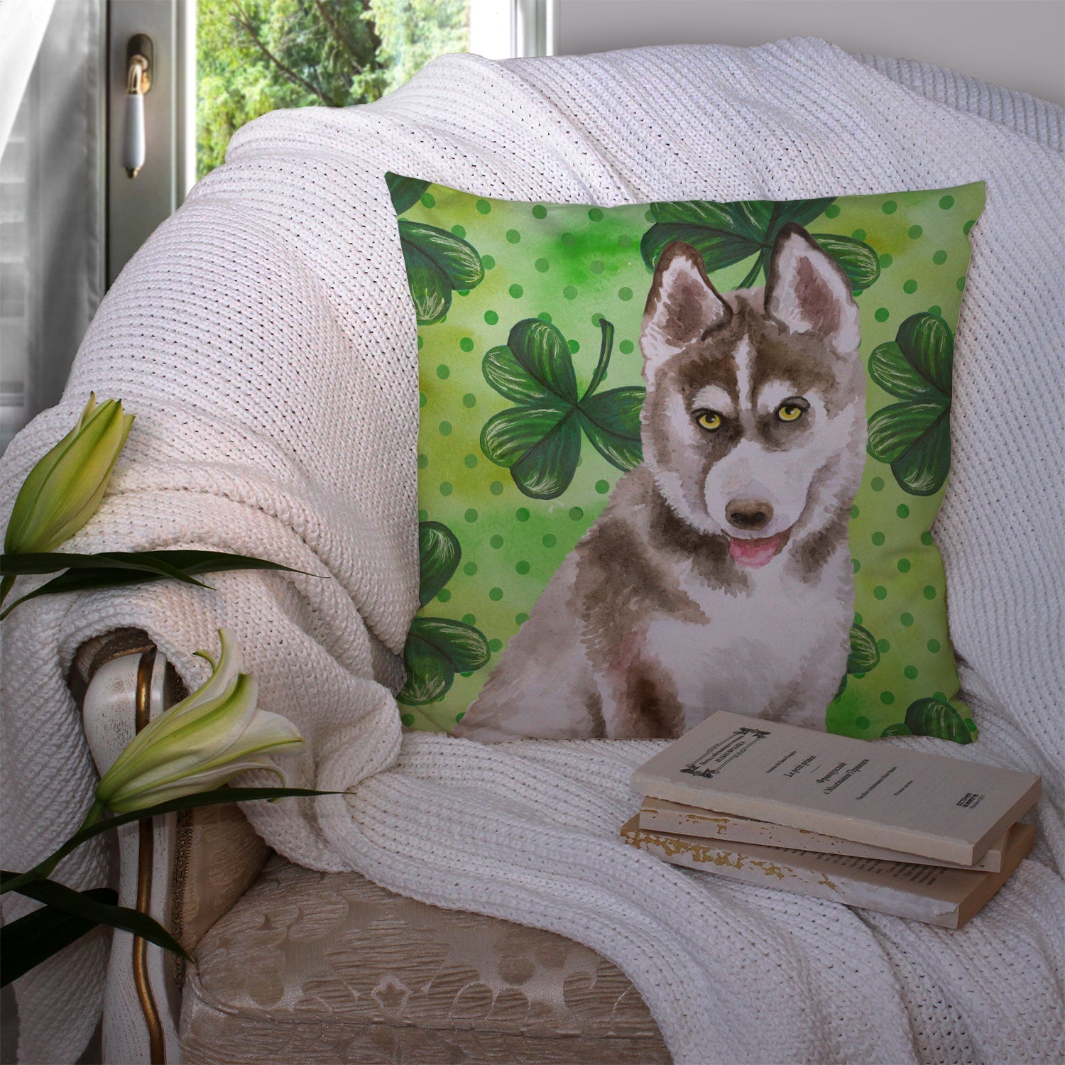 Siberian Husky Grey St Patrick's Decorative Throw Pillow 14x14 Indoor Outdoor Accent Cushion, Fabric Cover with Insert for Sofa, Bed, Porch & Living Room