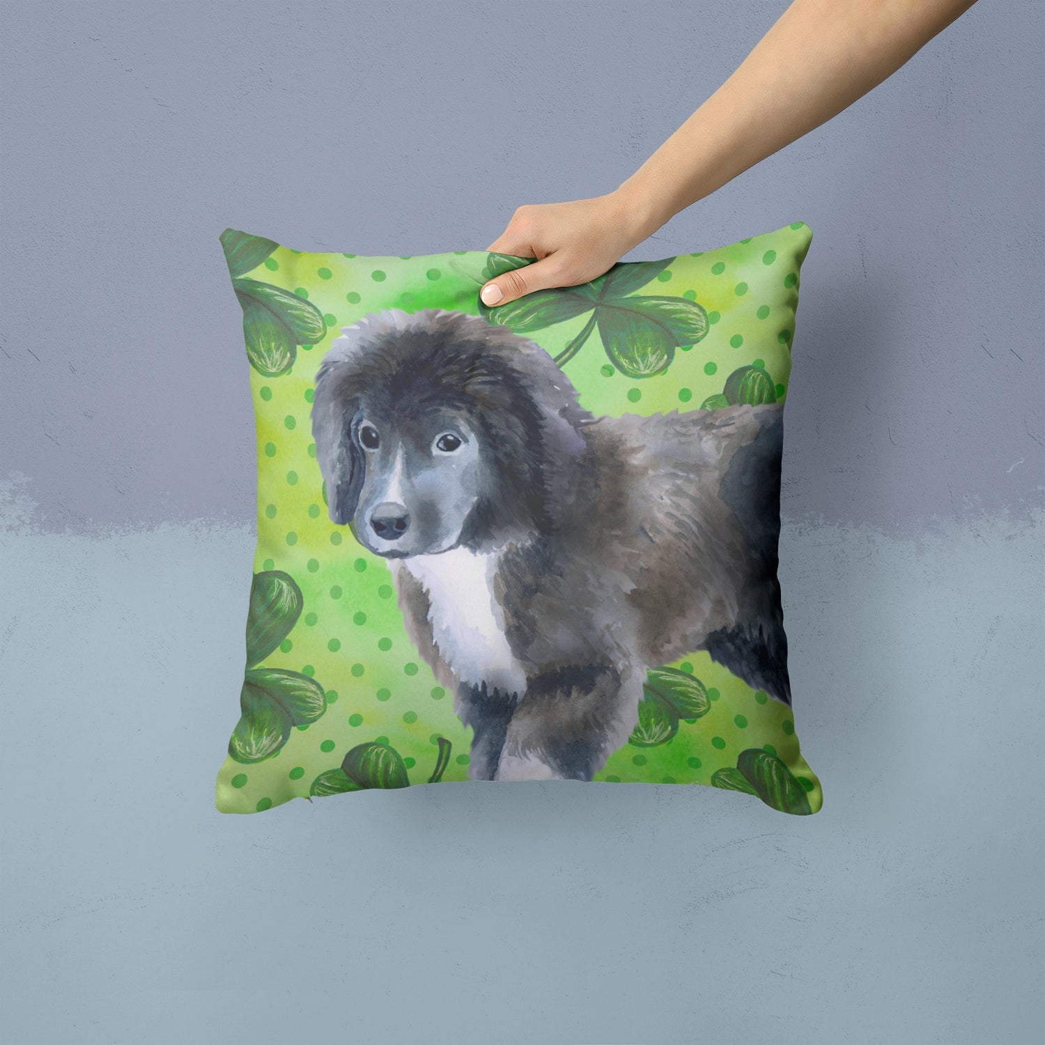 Newfoundland Puppy St Patrick's Decorative Throw Pillow 14x14 Indoor Outdoor Accent Cushion, Fabric Cover with Insert for Sofa, Bed, Porch & Living Room