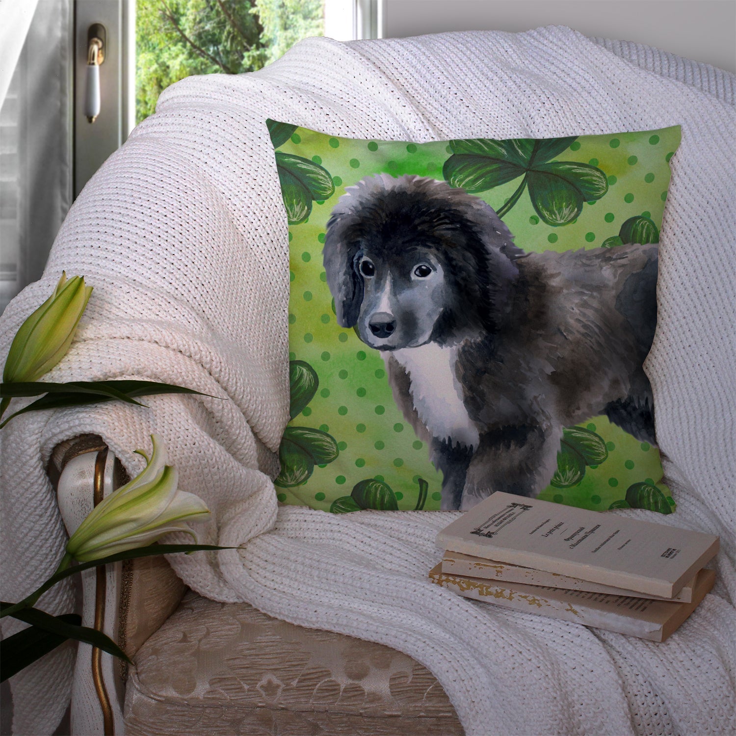 Newfoundland Puppy St Patrick's Decorative Throw Pillow 14x14 Indoor Outdoor Accent Cushion, Fabric Cover with Insert for Sofa, Bed, Porch & Living Room