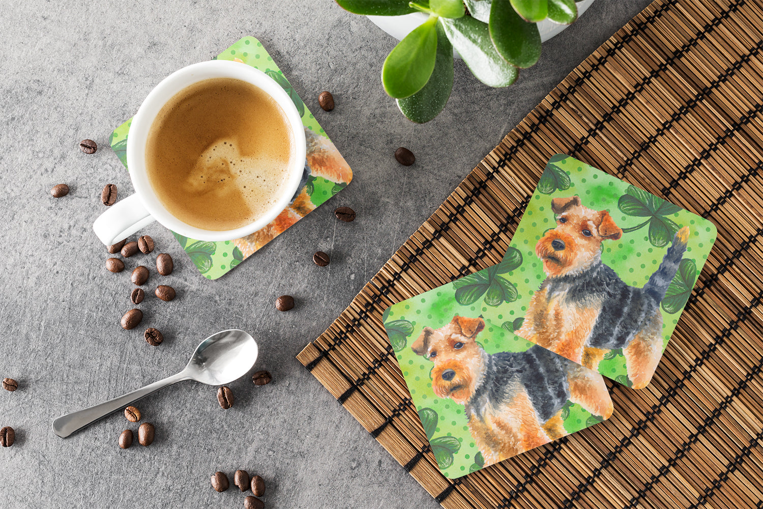Welsh Terrier St Patrick's Foam Coasters Set of 4 Cup Coasters for Indoor Outdoor, Tabletop Protection, Anti Slip, Mouse pad Material