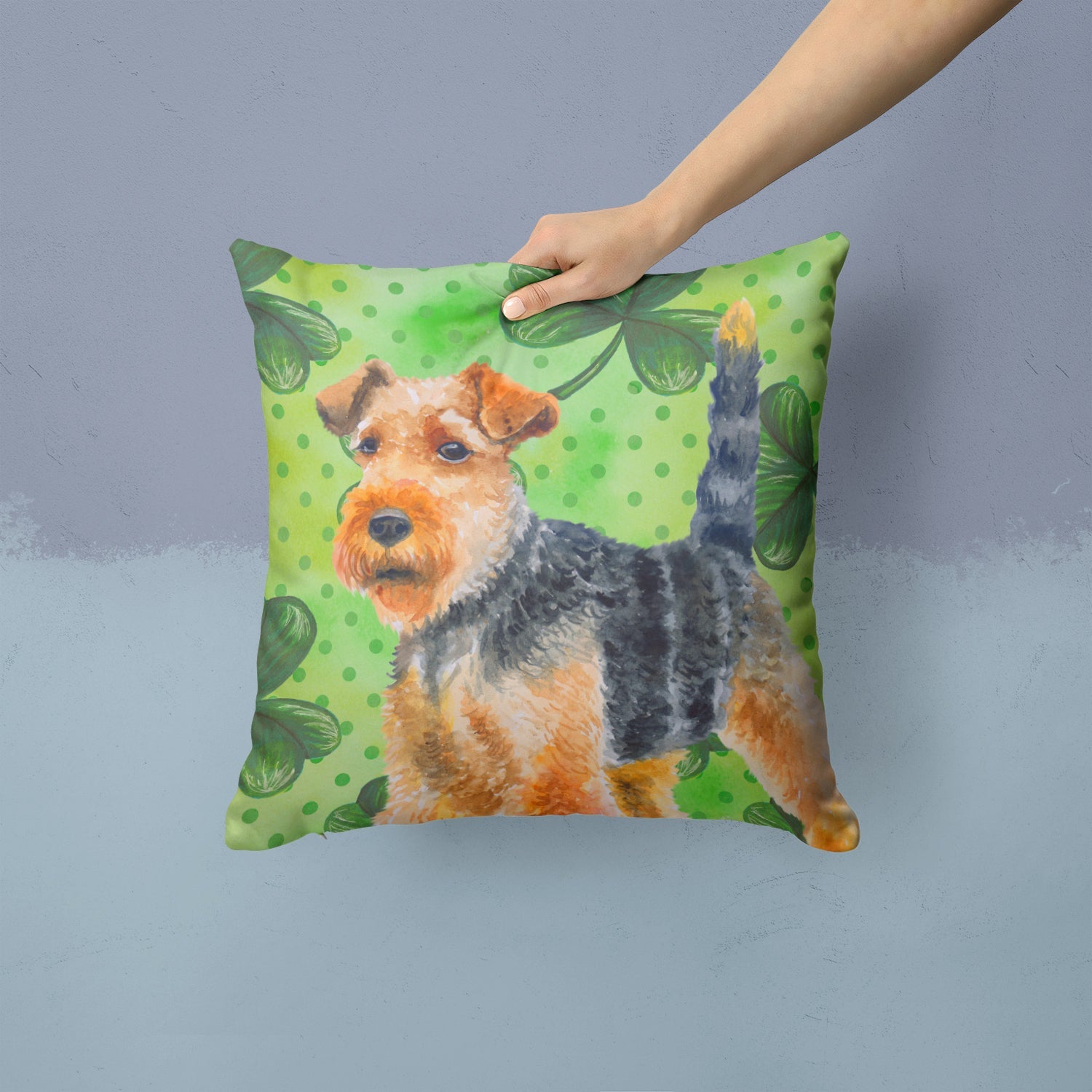 Welsh Terrier St Patrick's Decorative Throw Pillow 14x14 Indoor Outdoor Accent Cushion, Fabric Cover with Insert for Sofa, Bed, Porch & Living Room