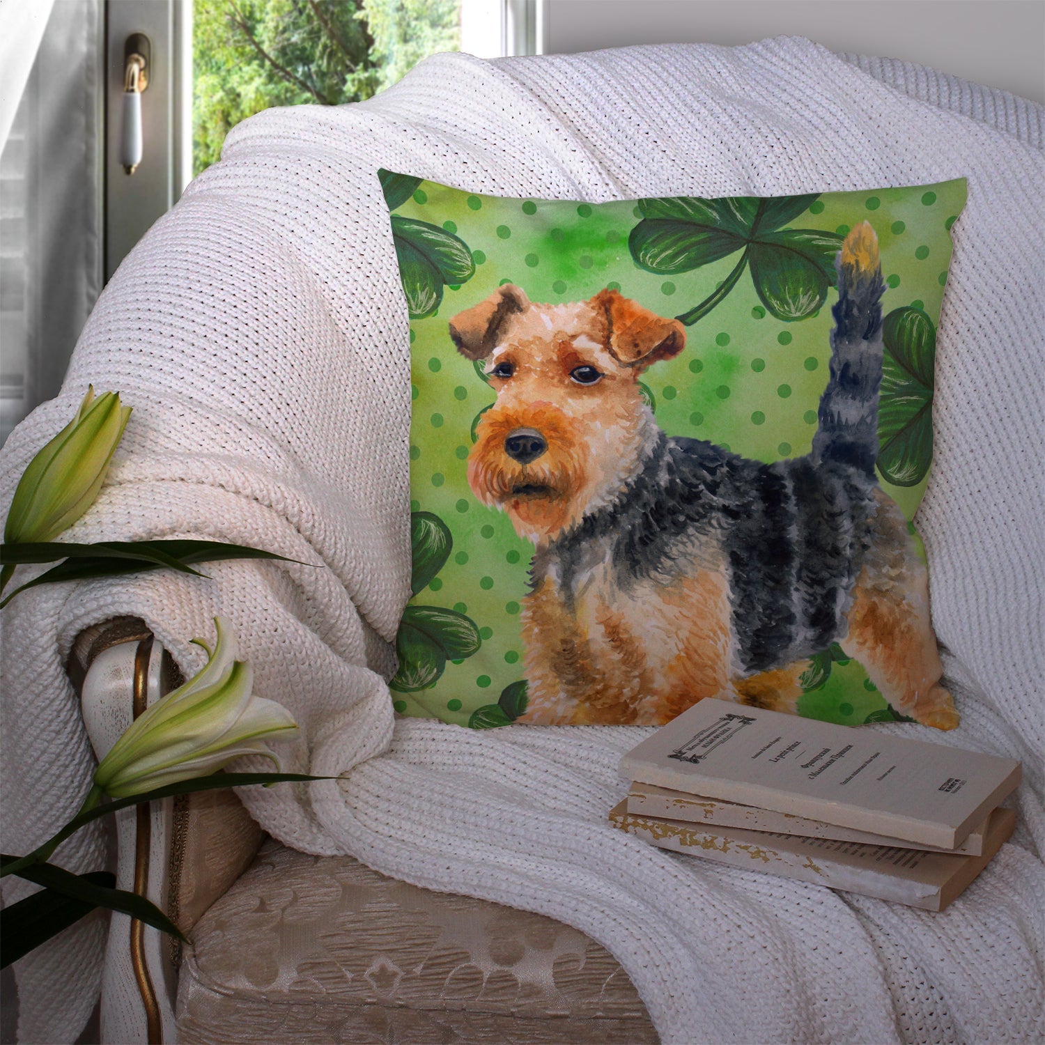 Welsh Terrier St Patrick's Decorative Throw Pillow 14x14 Indoor Outdoor Accent Cushion, Fabric Cover with Insert for Sofa, Bed, Porch & Living Room