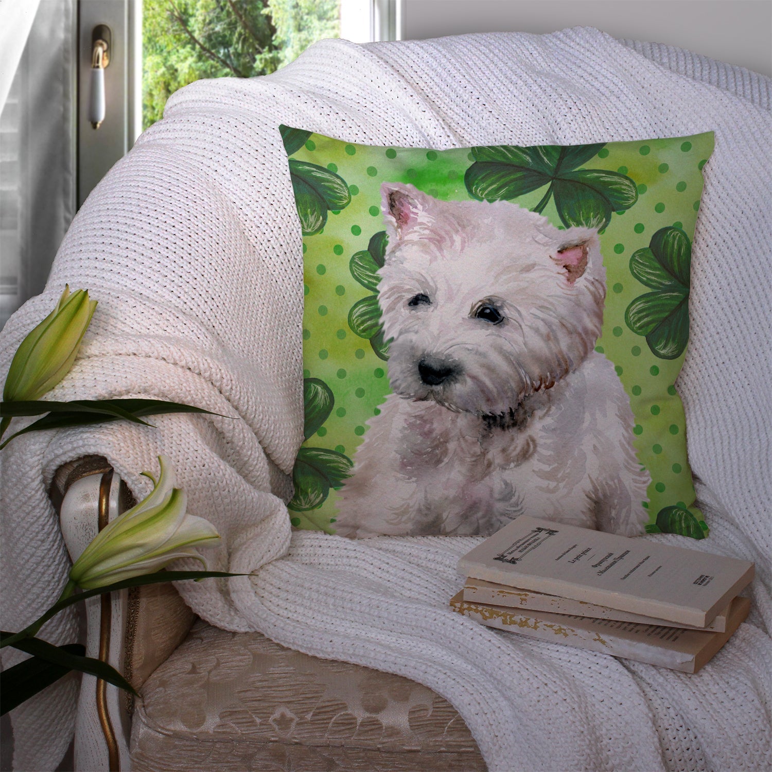 Westie St Patrick's Decorative Throw Pillow 14x14 Indoor Outdoor Accent Cushion, Fabric Cover with Insert for Sofa, Bed, Porch & Living Room