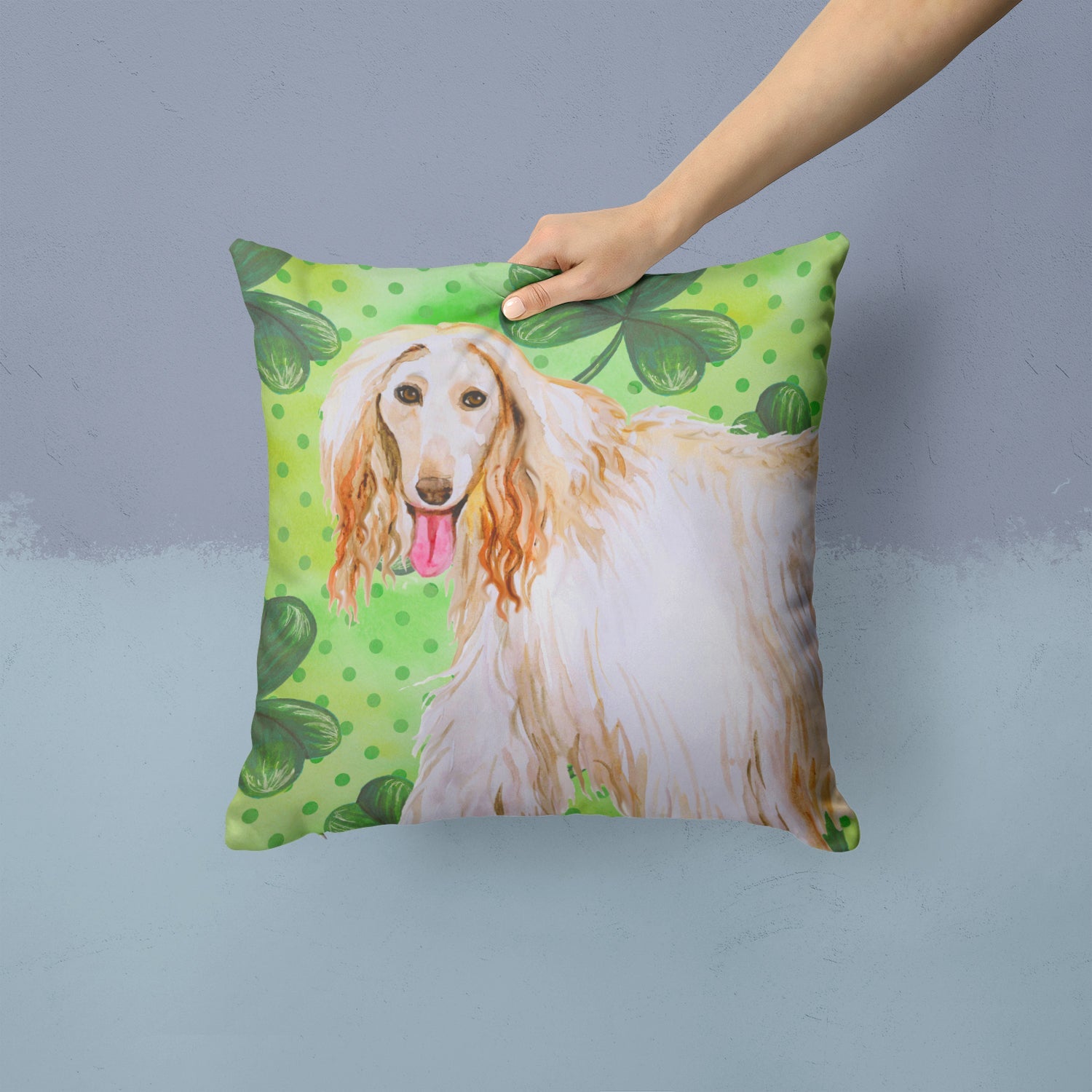 Afghan Hound St Patrick's Decorative Throw Pillow 14x14 Indoor Outdoor Accent Cushion, Fabric Cover with Insert for Sofa, Bed, Porch & Living Room