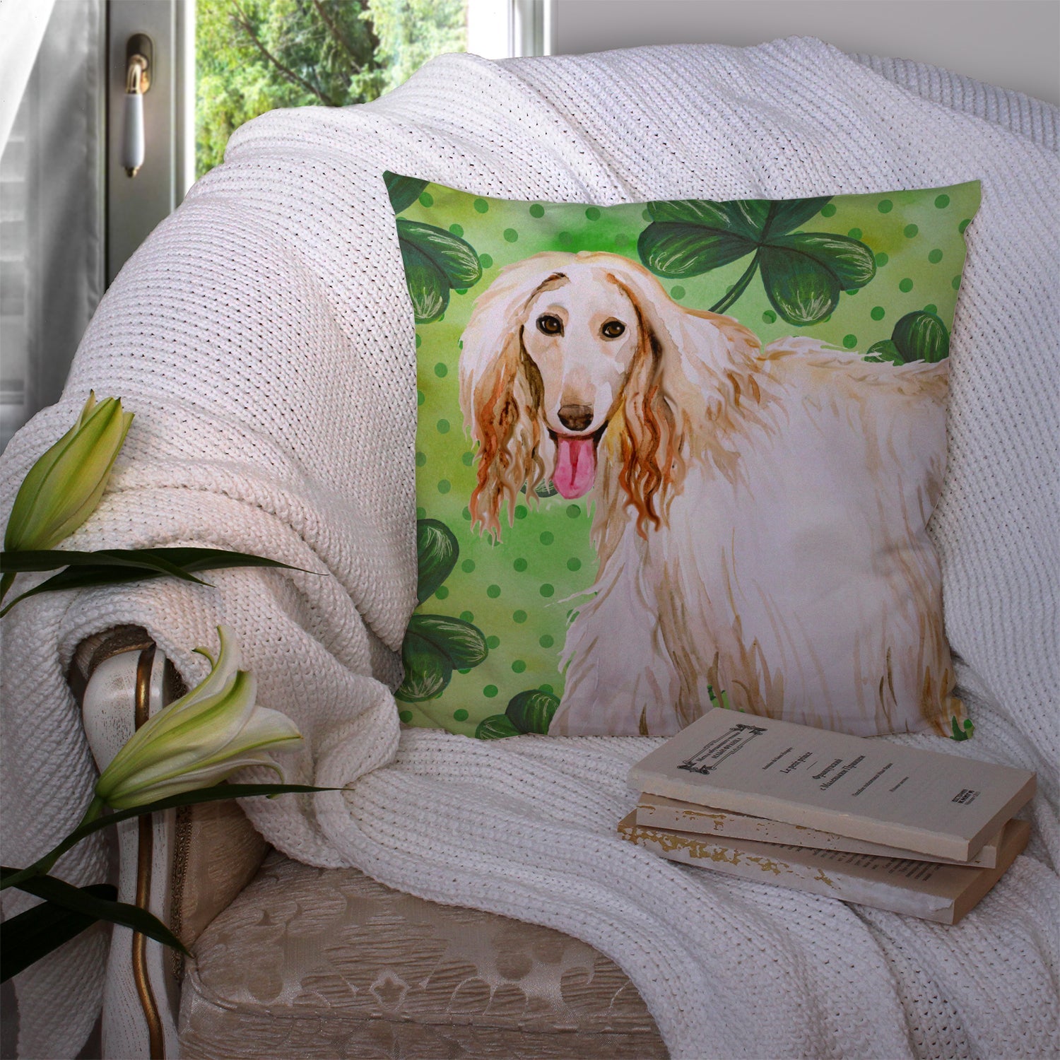 Afghan Hound St Patrick's Decorative Throw Pillow 14x14 Indoor Outdoor Accent Cushion, Fabric Cover with Insert for Sofa, Bed, Porch & Living Room