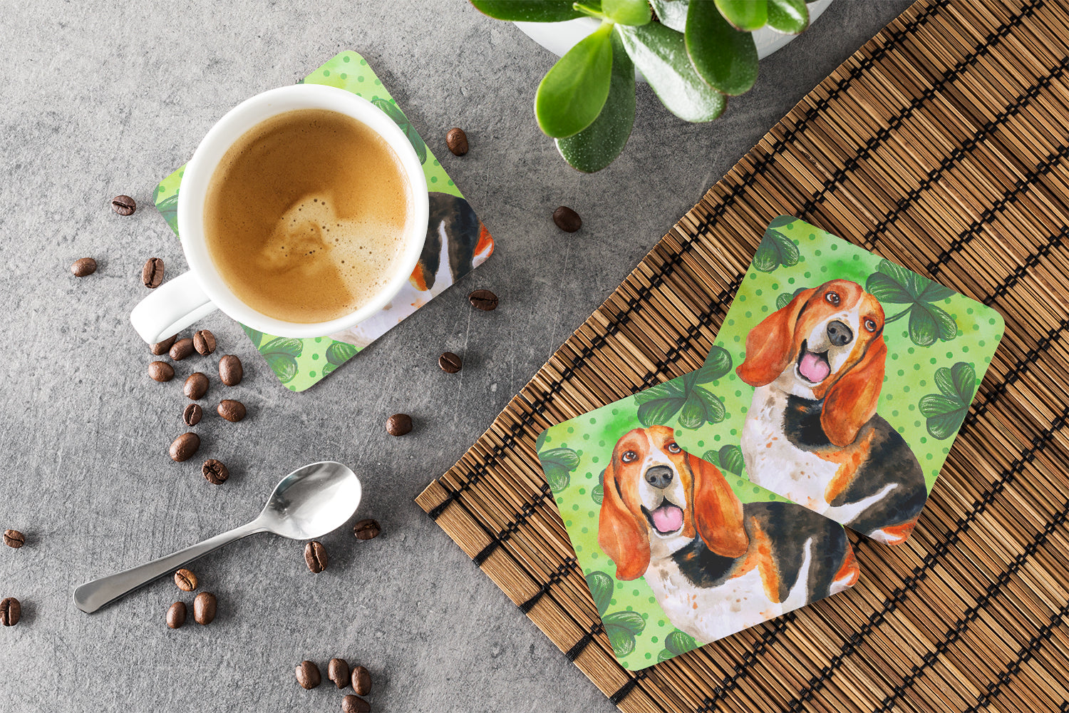 Basset Hound St Patrick's Foam Coasters Set of 4 Cup Coasters for Indoor Outdoor, Tabletop Protection, Anti Slip, Mouse pad Material