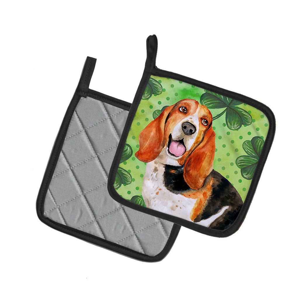 Basset Hound St Patrick's Pot Holder Set of 2 Heat Resistant Quilted Hot Pads 7.5 x 7.5 Inch, Insulated Kitchen Trivets for Cooking & Baking
