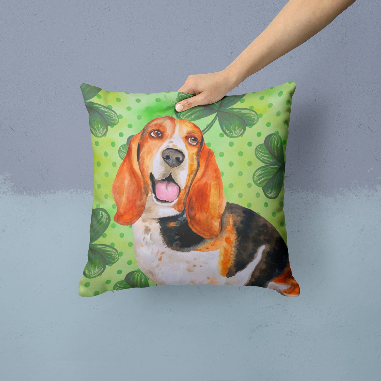 Basset Hound St Patrick's Decorative Throw Pillow 14x14 Indoor Outdoor Accent Cushion, Fabric Cover with Insert for Sofa, Bed, Porch & Living Room