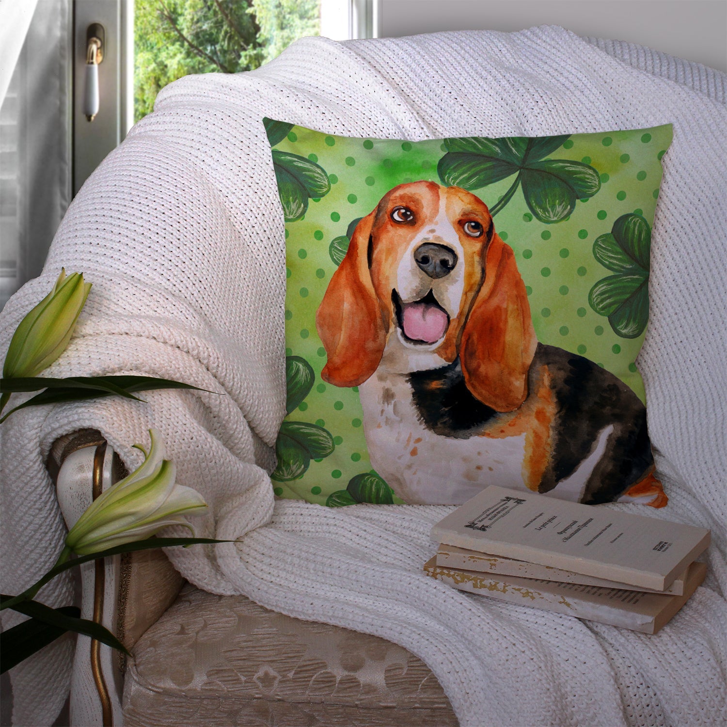 Basset Hound St Patrick's Decorative Throw Pillow 14x14 Indoor Outdoor Accent Cushion, Fabric Cover with Insert for Sofa, Bed, Porch & Living Room