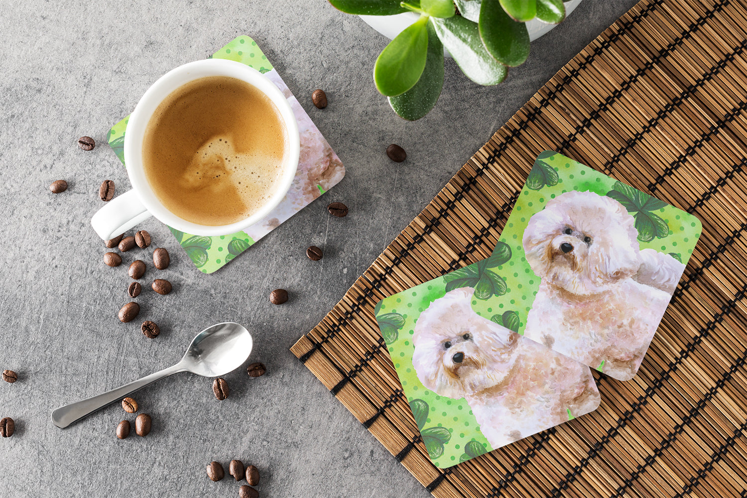 Bichon Frise #2 St Patrick's Foam Coasters Set of 4 Cup Coasters for Indoor Outdoor, Tabletop Protection, Anti Slip, Mouse pad Material