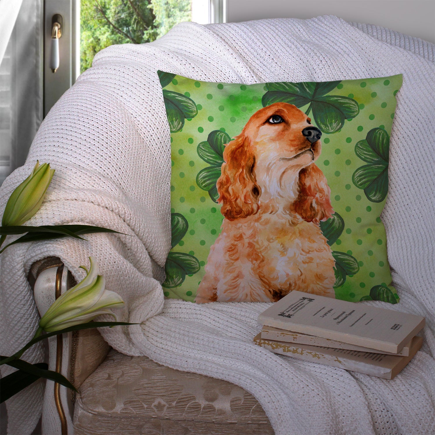 Cocker Spaniel St Patrick's Decorative Throw Pillow 14x14 Indoor Outdoor Accent Cushion, Fabric Cover with Insert for Sofa, Bed, Porch & Living Room