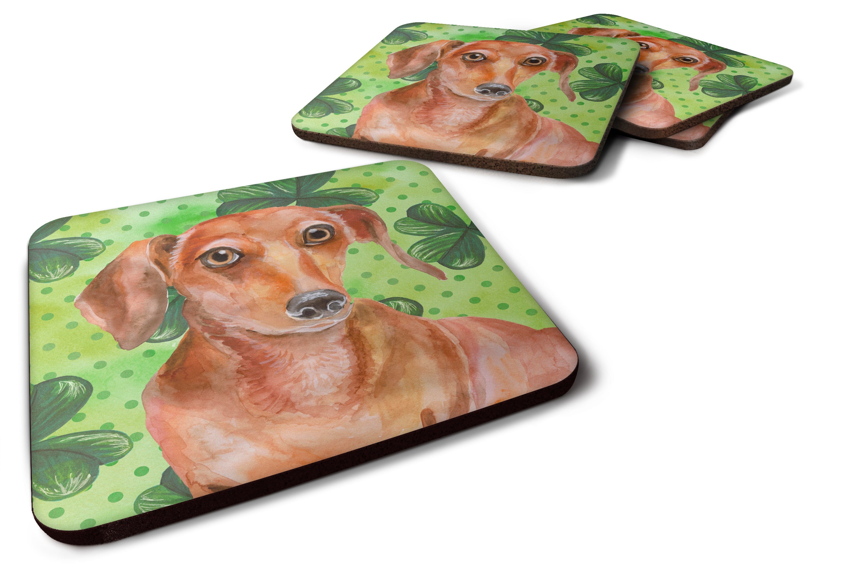 Red Dachshund St Patrick's Foam Coasters Set of 4 Cup Coasters for Indoor Outdoor, Tabletop Protection, Anti Slip, Mouse pad Material