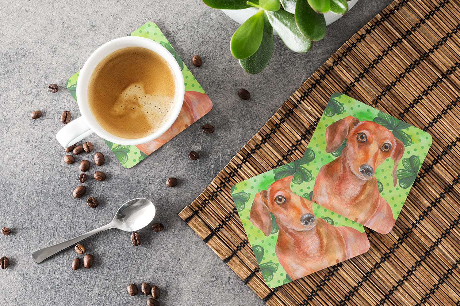 Red Dachshund St Patrick's Foam Coasters Set of 4 Cup Coasters for Indoor Outdoor, Tabletop Protection, Anti Slip, Mouse pad Material