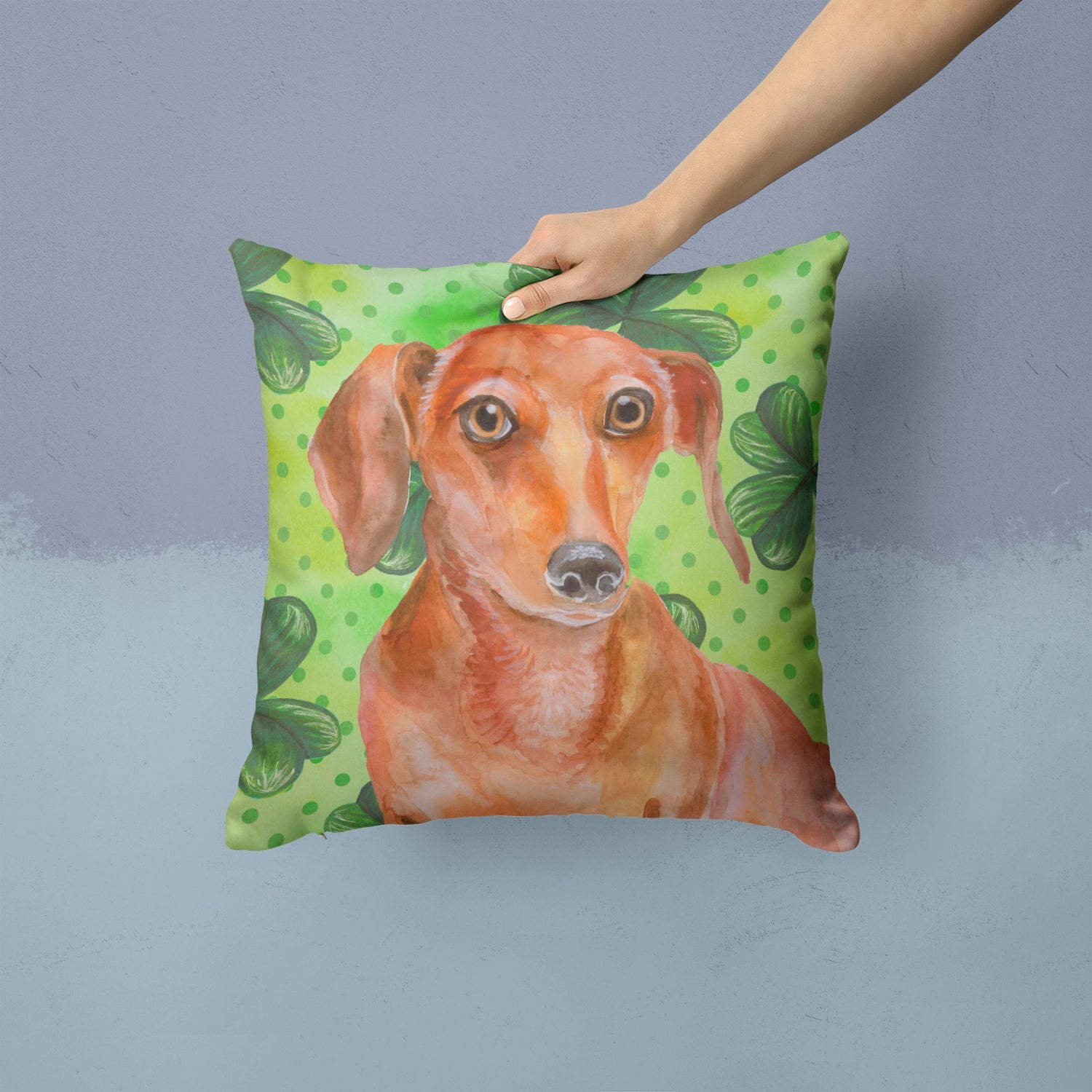 Red Dachshund St Patrick's Decorative Throw Pillow 14x14 Indoor Outdoor Accent Cushion, Fabric Cover with Insert for Sofa, Bed, Porch & Living Room