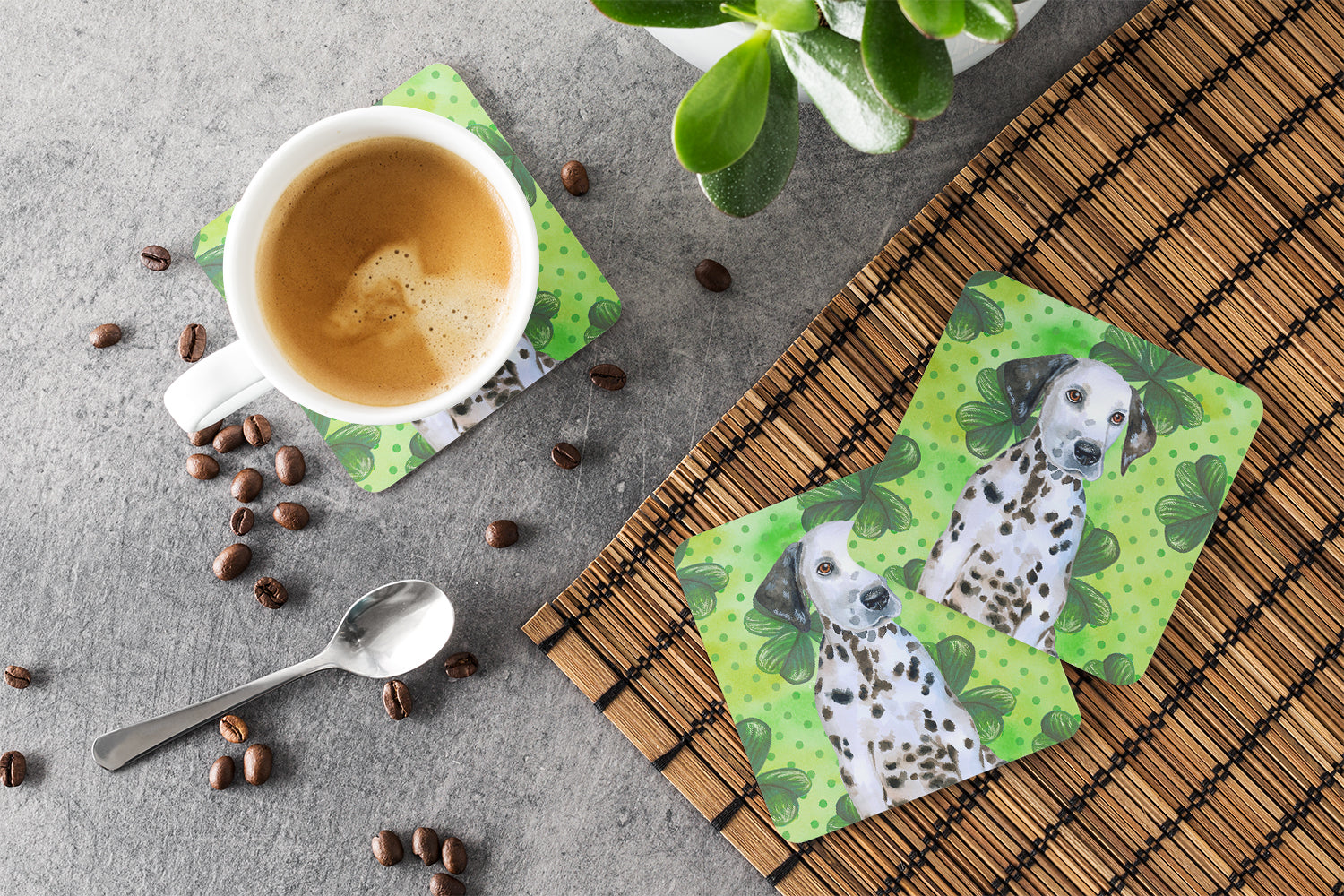 Dalmatian Puppy St Patrick's Foam Coasters Set of 4 Cup Coasters for Indoor Outdoor, Tabletop Protection, Anti Slip, Mouse pad Material