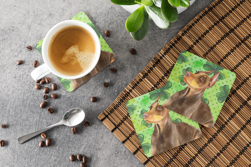 Doberman Pinscher St Patrick's Foam Coasters Set of 4 Cup Coasters for Indoor Outdoor, Tabletop Protection, Anti Slip, Mouse pad Material